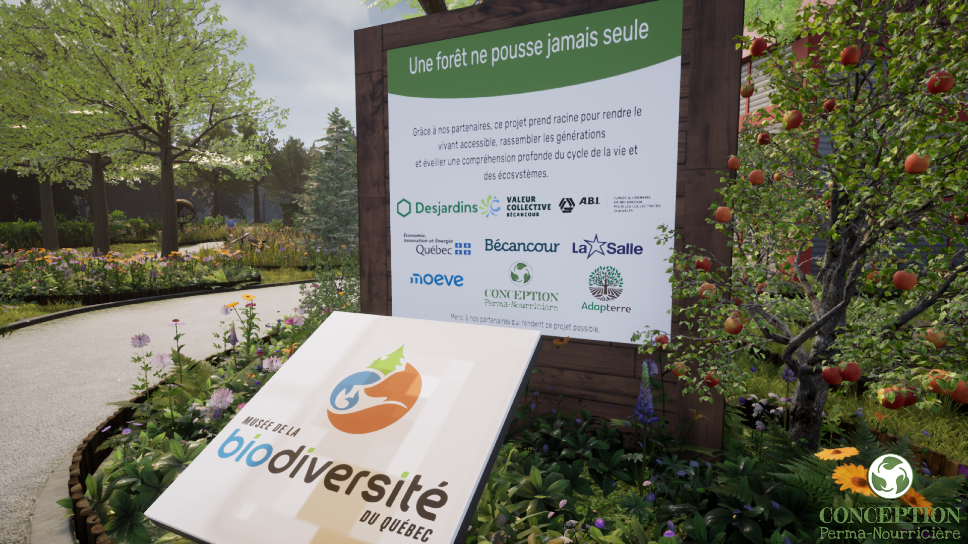 Visualisation 3D de l'enseigne du Musée de la biodiversité du Québec : un pommier chargé de fruits, des plates-bandes fleuries et le panneau des partenaires du projet. Un aménagement comestible qui soigne aussi l'image d'une organisation.