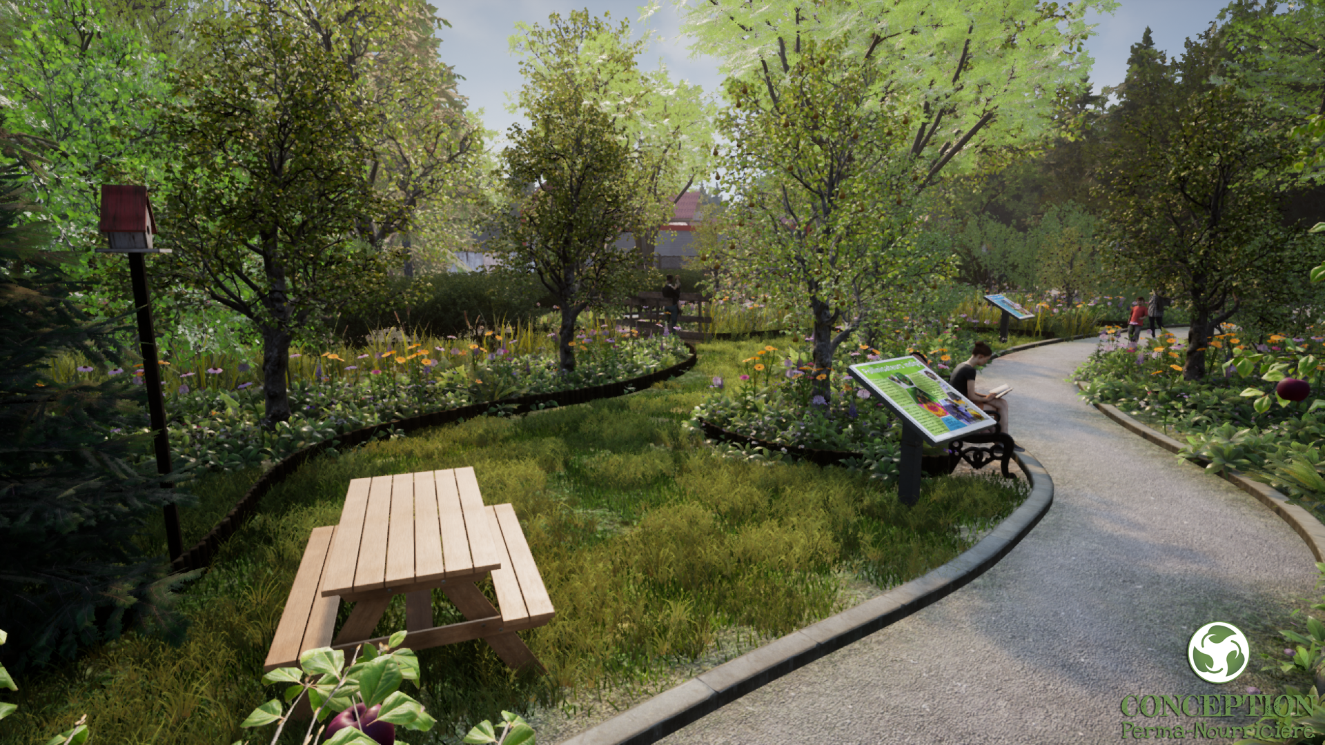 Visualisation 3D d'une aire de repos entre les îlots de biodiversité du Musée : une table à pique-nique, un nichoir à oiseaux et des panneaux d'interprétation avec leur banc. Un coin pour prendre sa pause ou travailler dehors, au milieu des fleurs.