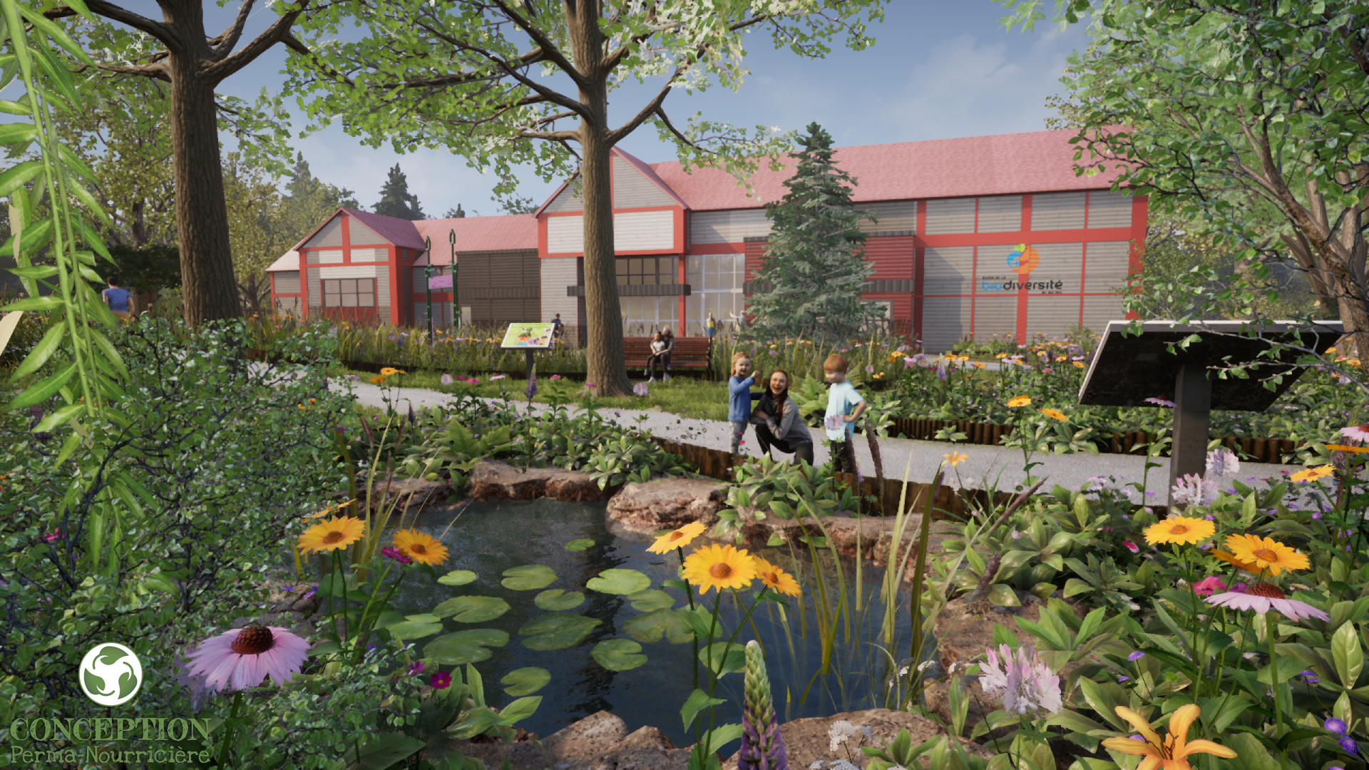 Aménagement paysager comestible devant le Musée de la biodiversité du Québec, avec bassin et prairies fleuries