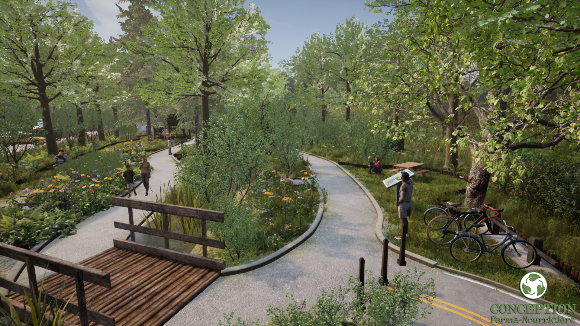 Visualisation 3D des sentiers du Musée de la biodiversité du Québec : une passerelle en bois au-dessus d'une zone humide, un support à vélos et des prairies fleuries. Un terrain qu'on traverse à pied ou à vélo, à l'ombre des arbres.