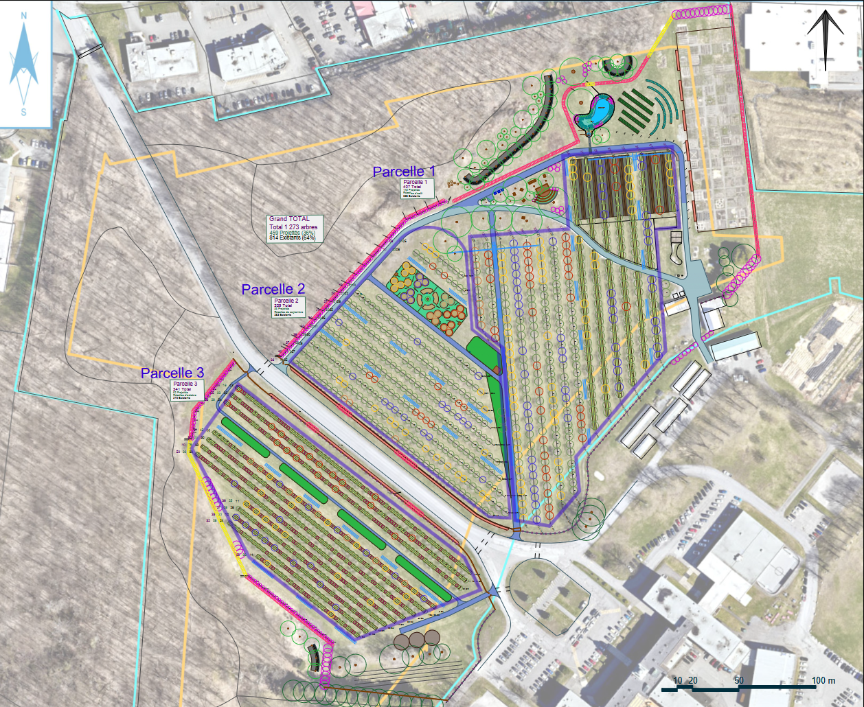 Un verger municipal converti en permaculture : diversification des variétés fruitières, maraîchage, petits fruits et accès pour les citoyens.