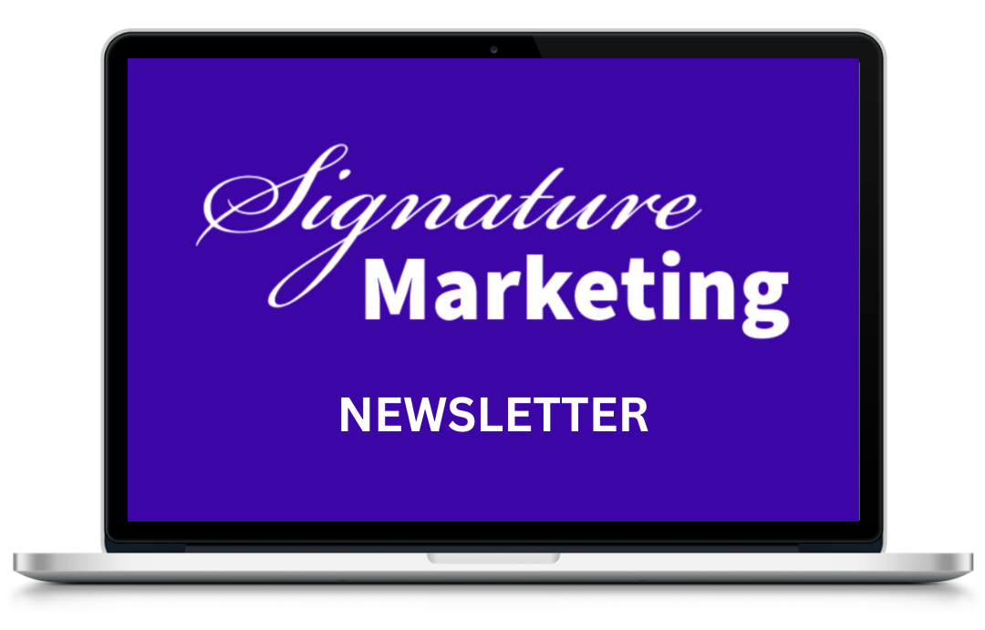 Laptop screen displaying a purple background with white text that reads 'Signature Marketing NEWSLETTER'