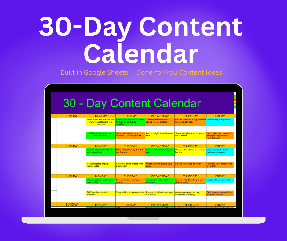 A digital graphic featuring a 30-day content calendar displayed on a laptop screen, with colorful sticky notes. The background is a gradient of purple and blue, and the title reads '30-Day Content Calendar' in large white text.