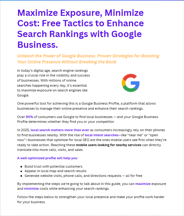 Text-heavy infographic about maximizing Google Business profiles to improve search rankings and local visibility, emphasizing strategies for online presence, local searches, and mobile users.