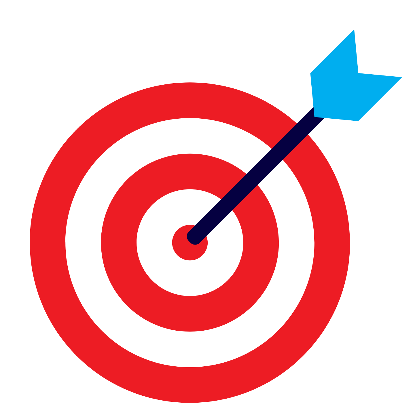 A target with concentric red and black circles and an arrow hitting the bullseye.