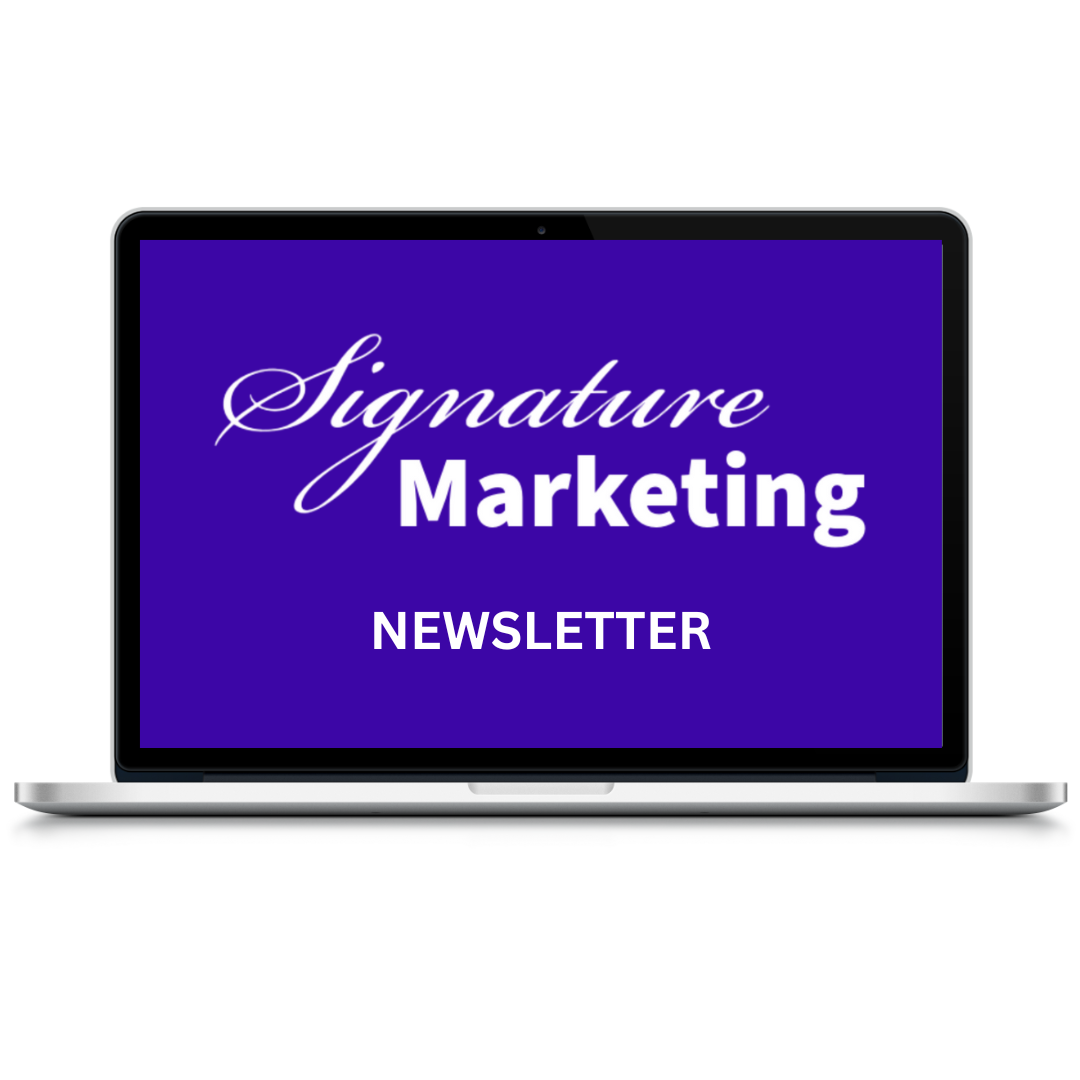Laptop screen displaying 'Signature Marketing Newsletter' in white text on a purple background.