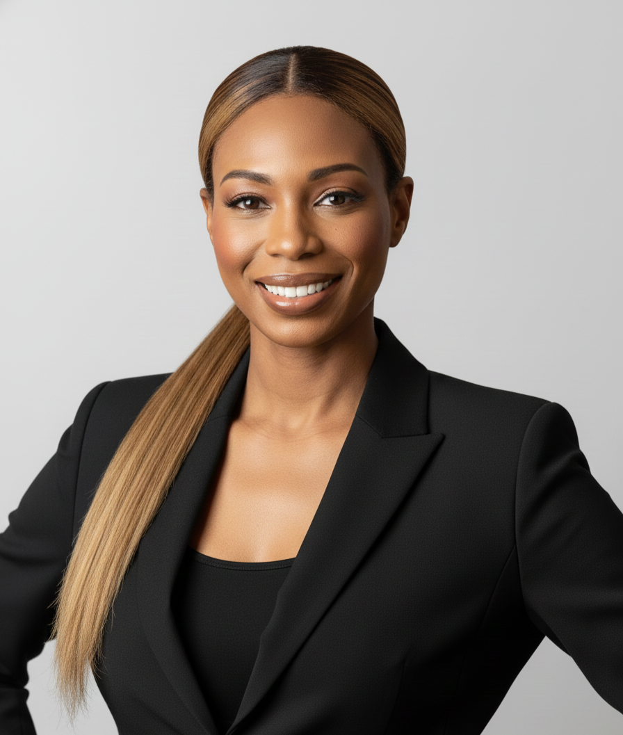 A professional woman with long straight hair in a ponytail, dressed in a black blazer and top, smiling confidently against a plain grey background.