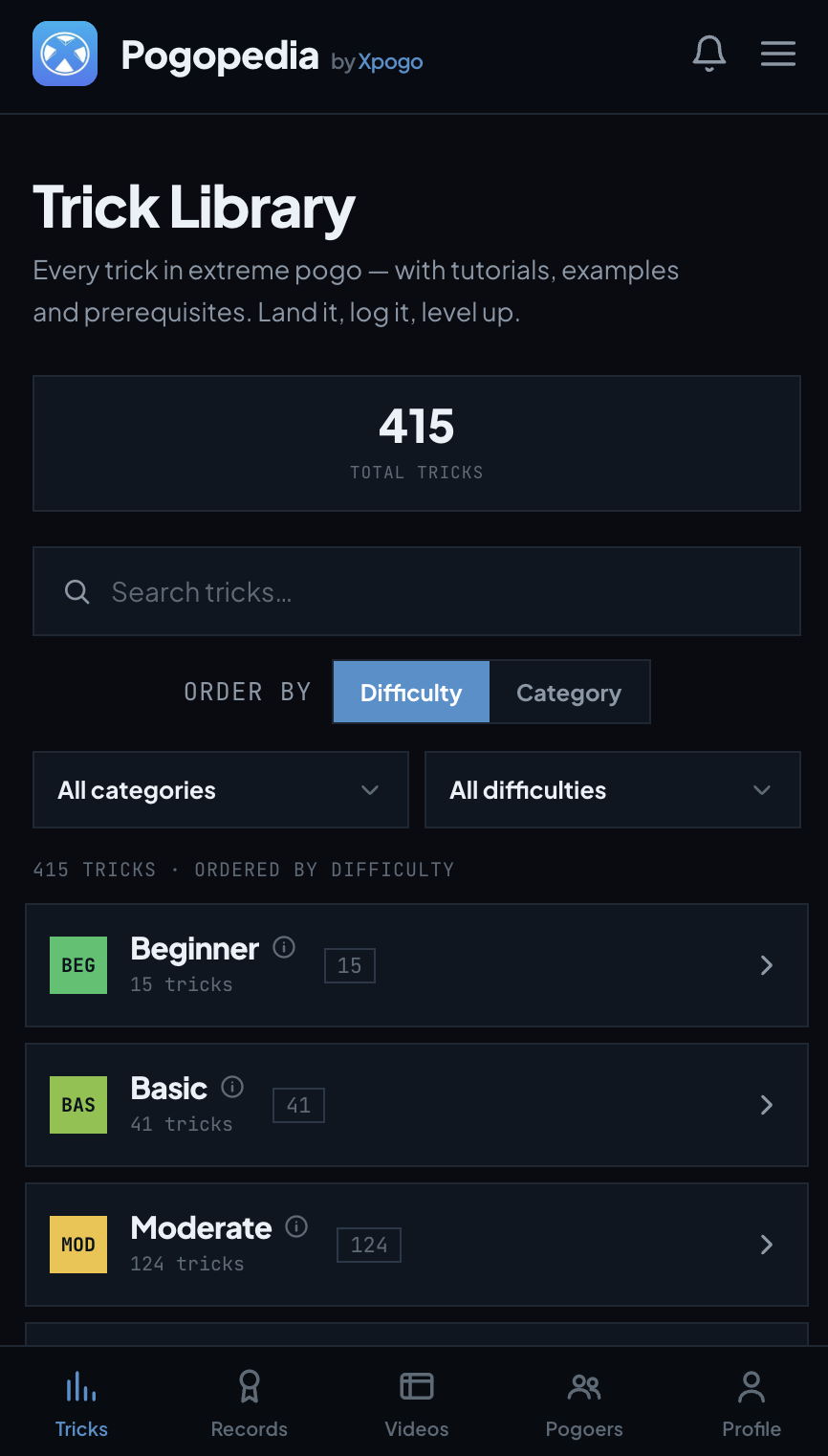 Explore hundreds of extreme pogo tricks with tutorials, examples, prerequisites, and progress tracking. Start learning and build your Pogopedia trick list.