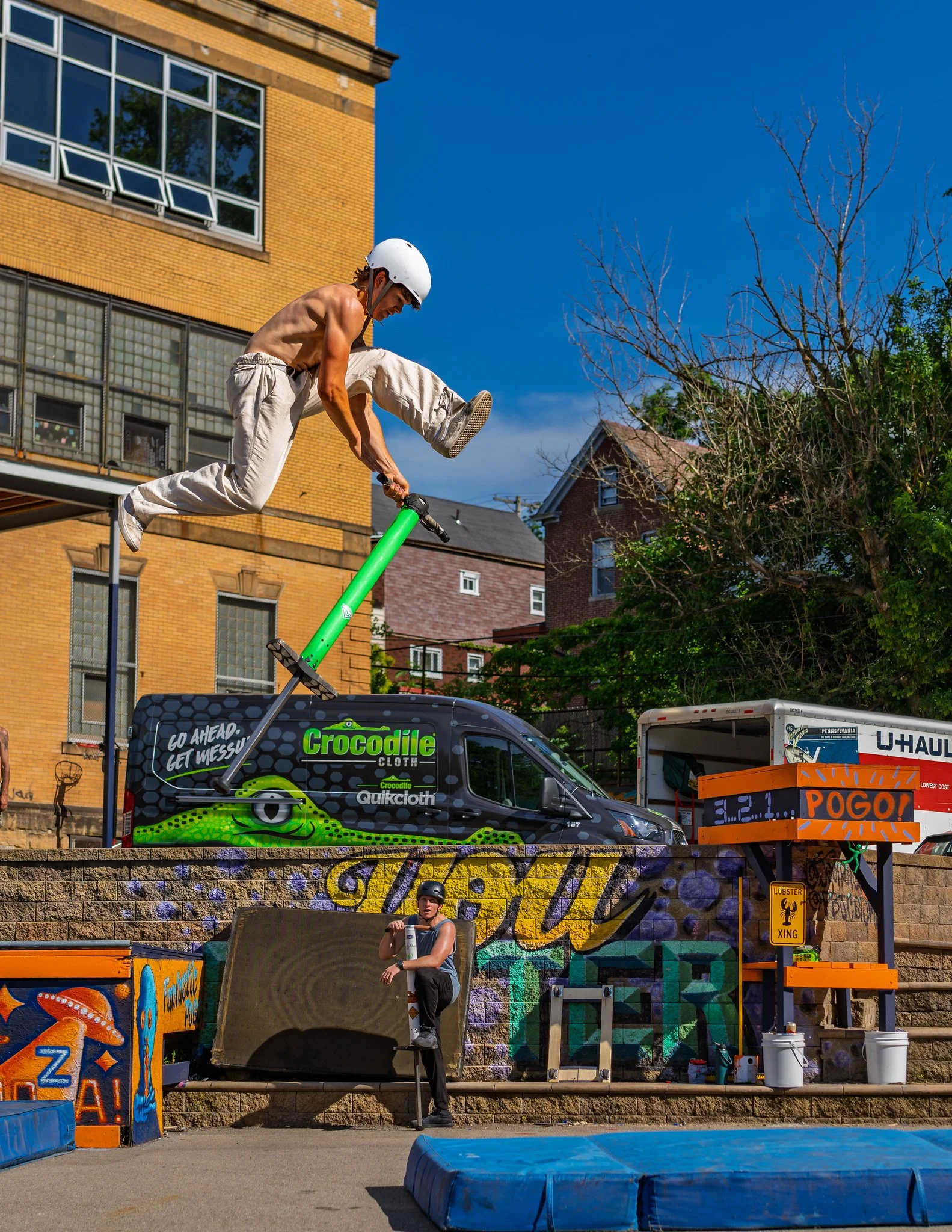 Extreme pogo athlete competing in the Pogopalooza freestyle competition in Pittsburgh.