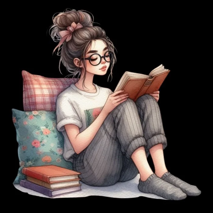 Illustration of a girl with glasses and a messy bun, sitting and reading a book, surrounded by stacked books and pillows.