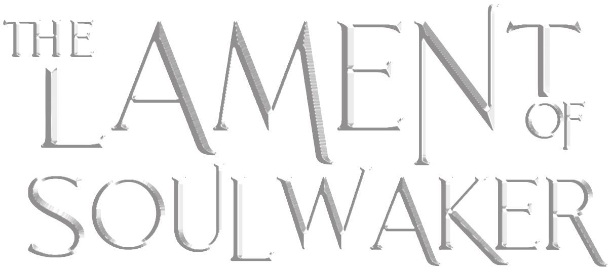 Title text for 'The Lament of Soulwalker' in metallic silver font on black background.