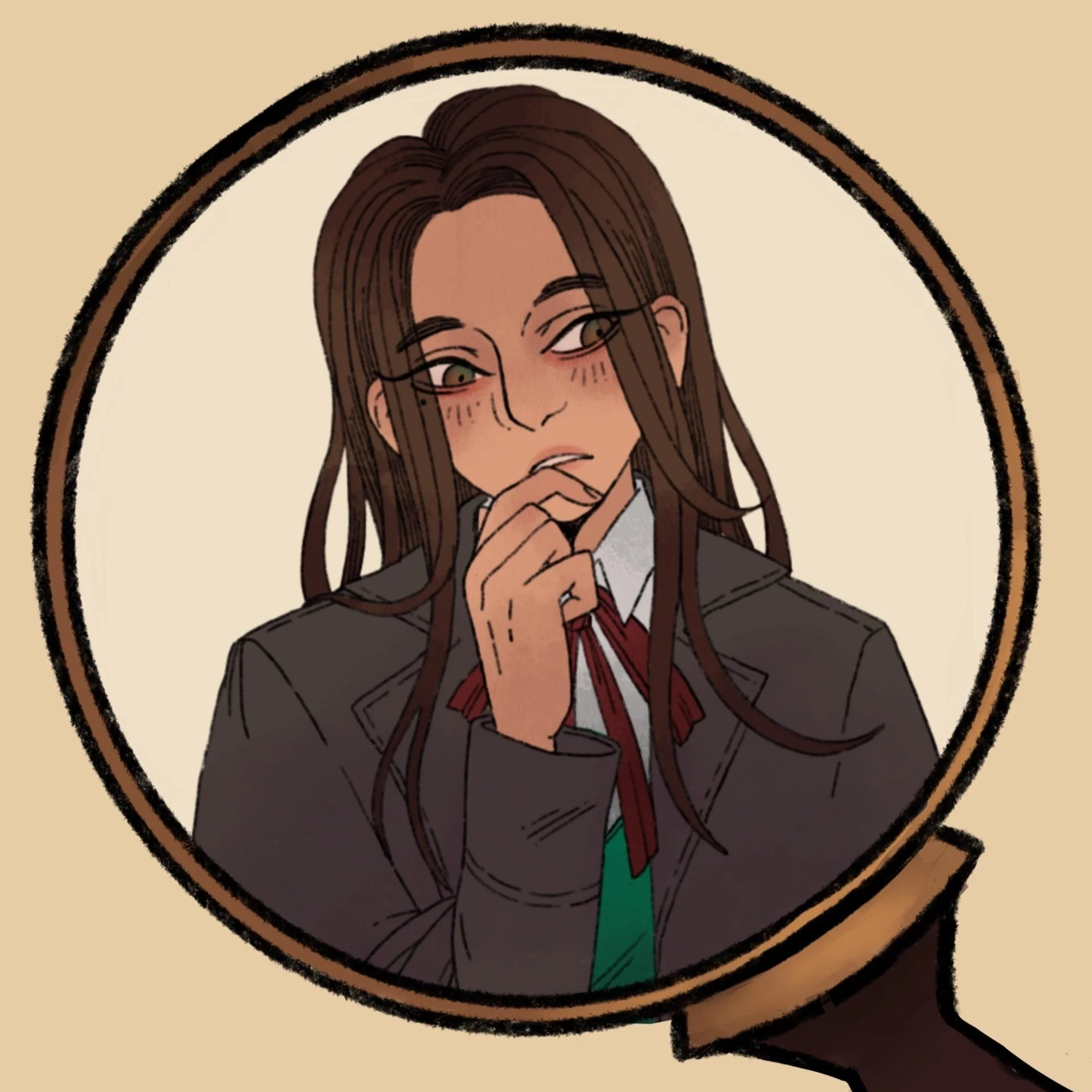 Illustration of a woman with long brown hair, wearing a school uniform with a red tie, looking thoughtfully into a mirror.