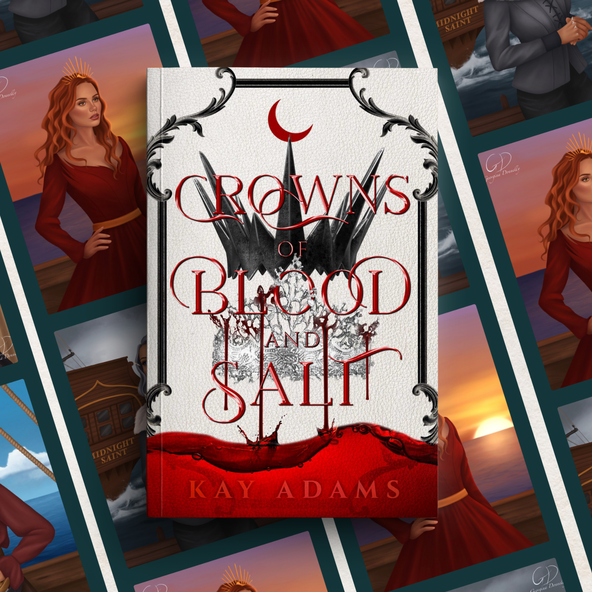 Close-up of a book cover titled 'Crows of Blood and Salt' by Kay Adams, featuring a black crow, a red crescent moon, and a red dress with a red skirt.