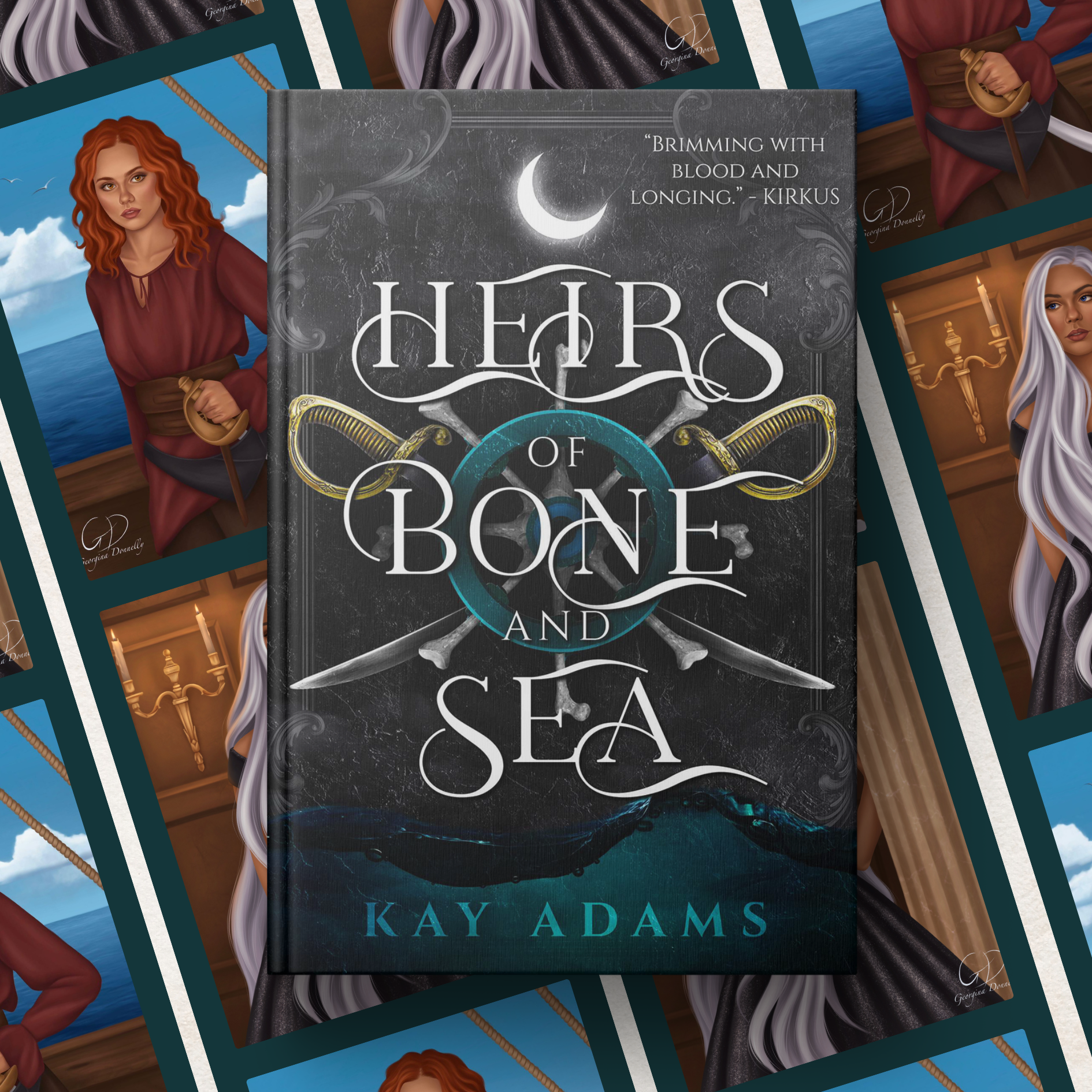 Multiple copies of a book titled 'Hers of Bone and Sea' by Kay Adams, featuring illustrations of women and nautical themes.