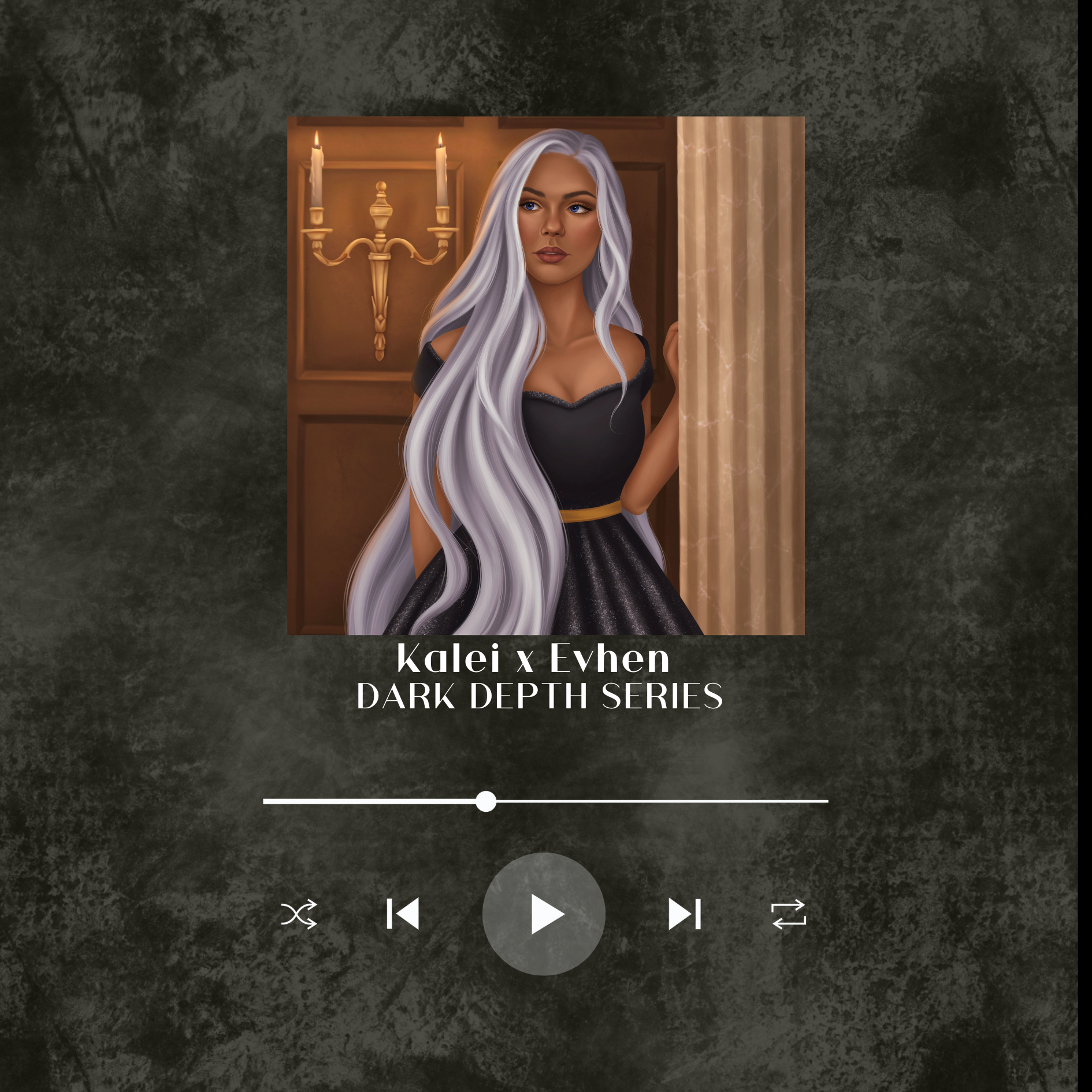 Illustration of a woman with long, silver hair, wearing a black dress, standing near a marble pillar with a dimly lit background featuring a candelabra with two lit candles. The image is part of a promotional design for 'Kalei x Evhen DARK DEPTH SERIES'.