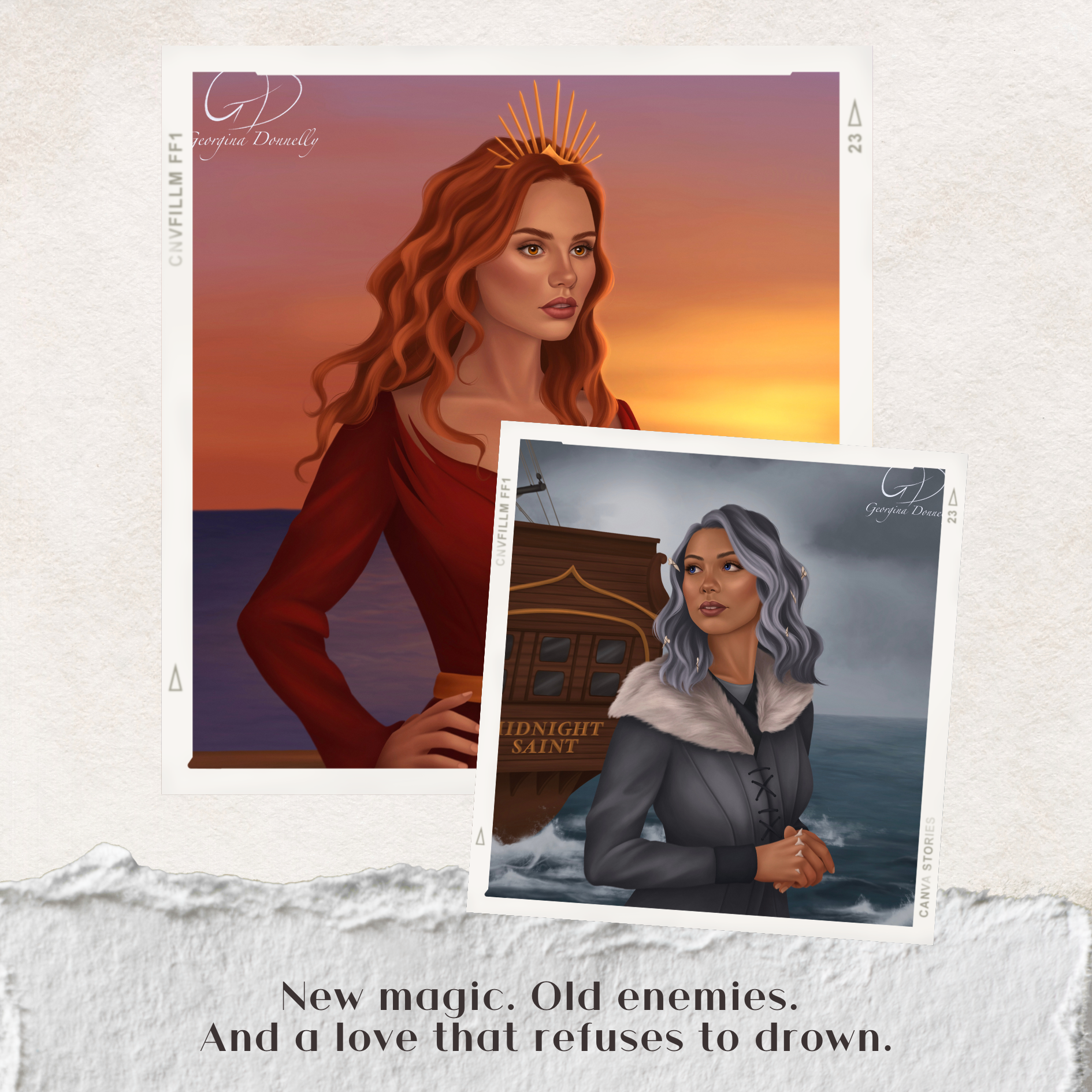 Digital illustration of two women, one with wavy red hair wearing a crown and a red dress, and the other with wavy gray hair wearing a dark coat with fur collar, set against sunset sky, with overlaying magazine-style frames and text.