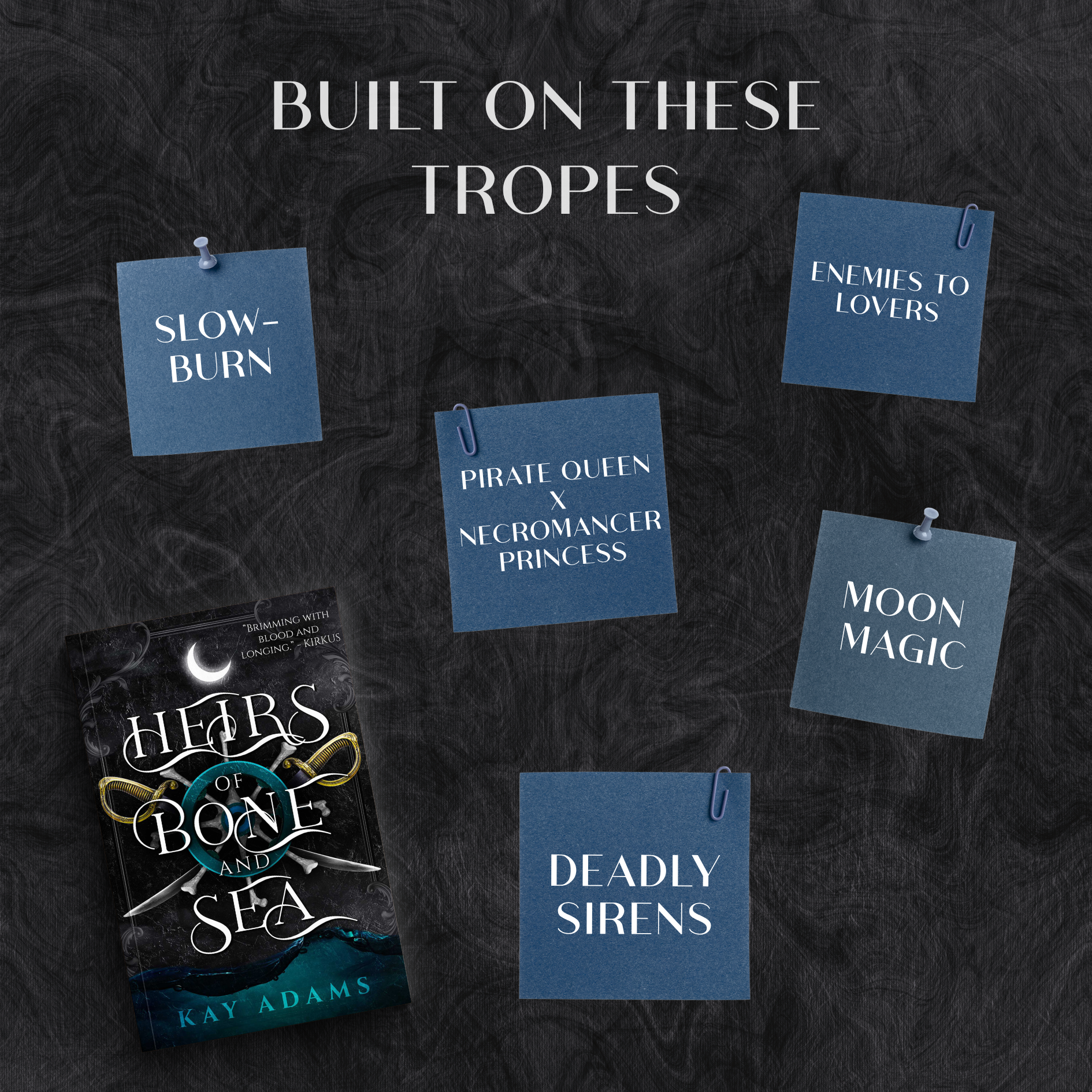 Digital collage featuring book covers and paper notes with phrases like "Built on these tropes," "Enemies to lovers," and "Deadly sirens," pinned on a black textured background.