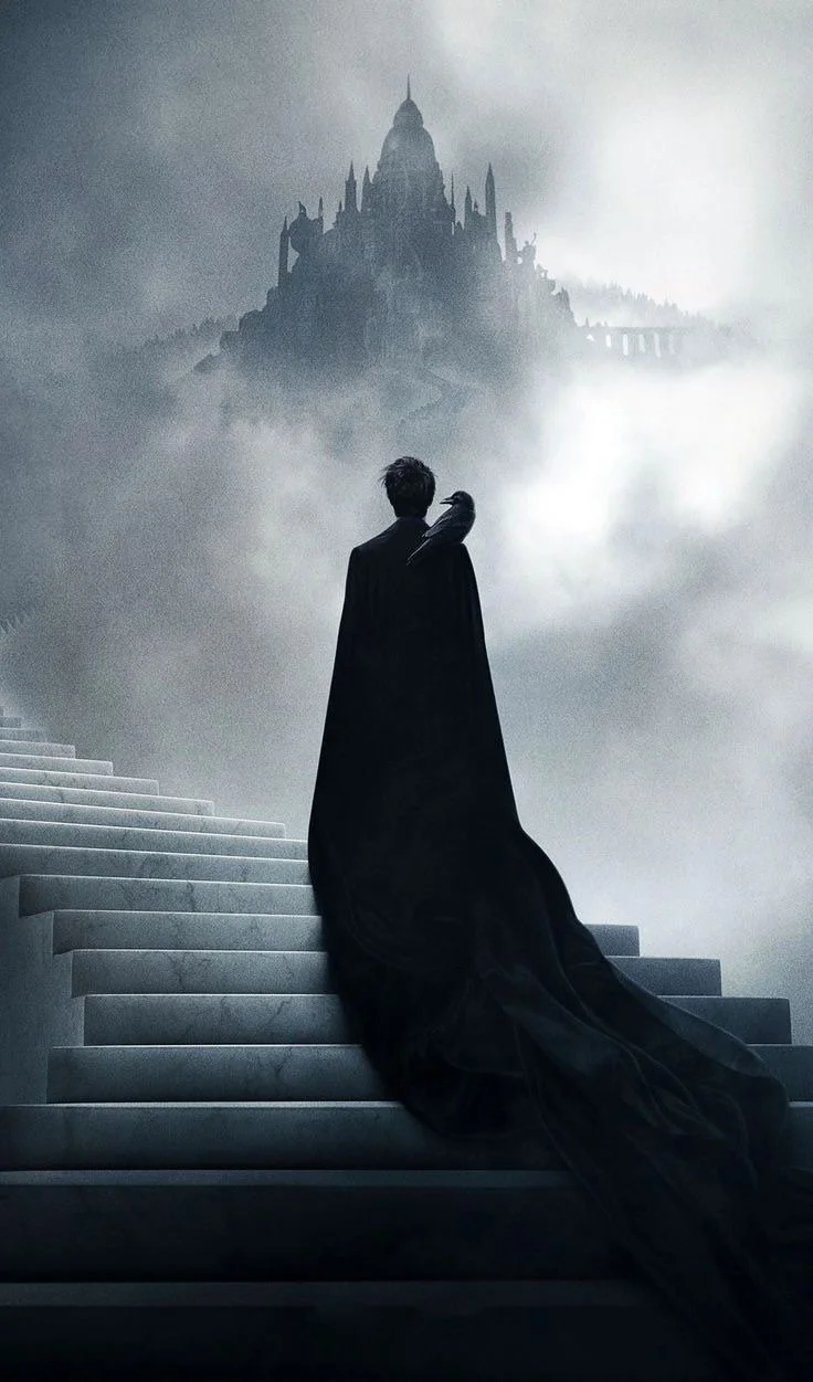 A person dressed in black robes walking up a staircase towards a foggy, dark castle on a hill in the distance.