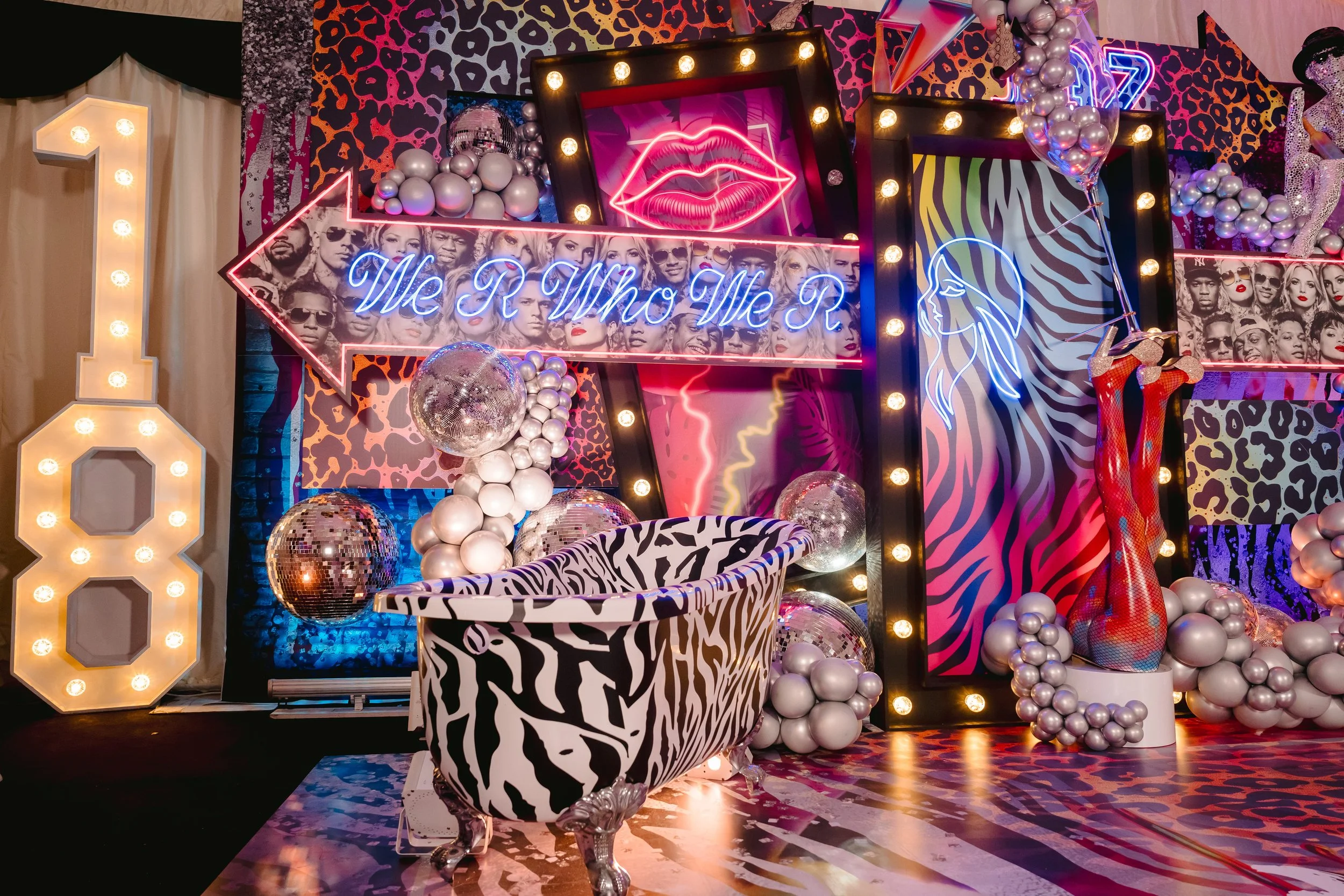 18th Birthday decor, customised, LED numbers, balloons, black LED picture frame, printed backdrops