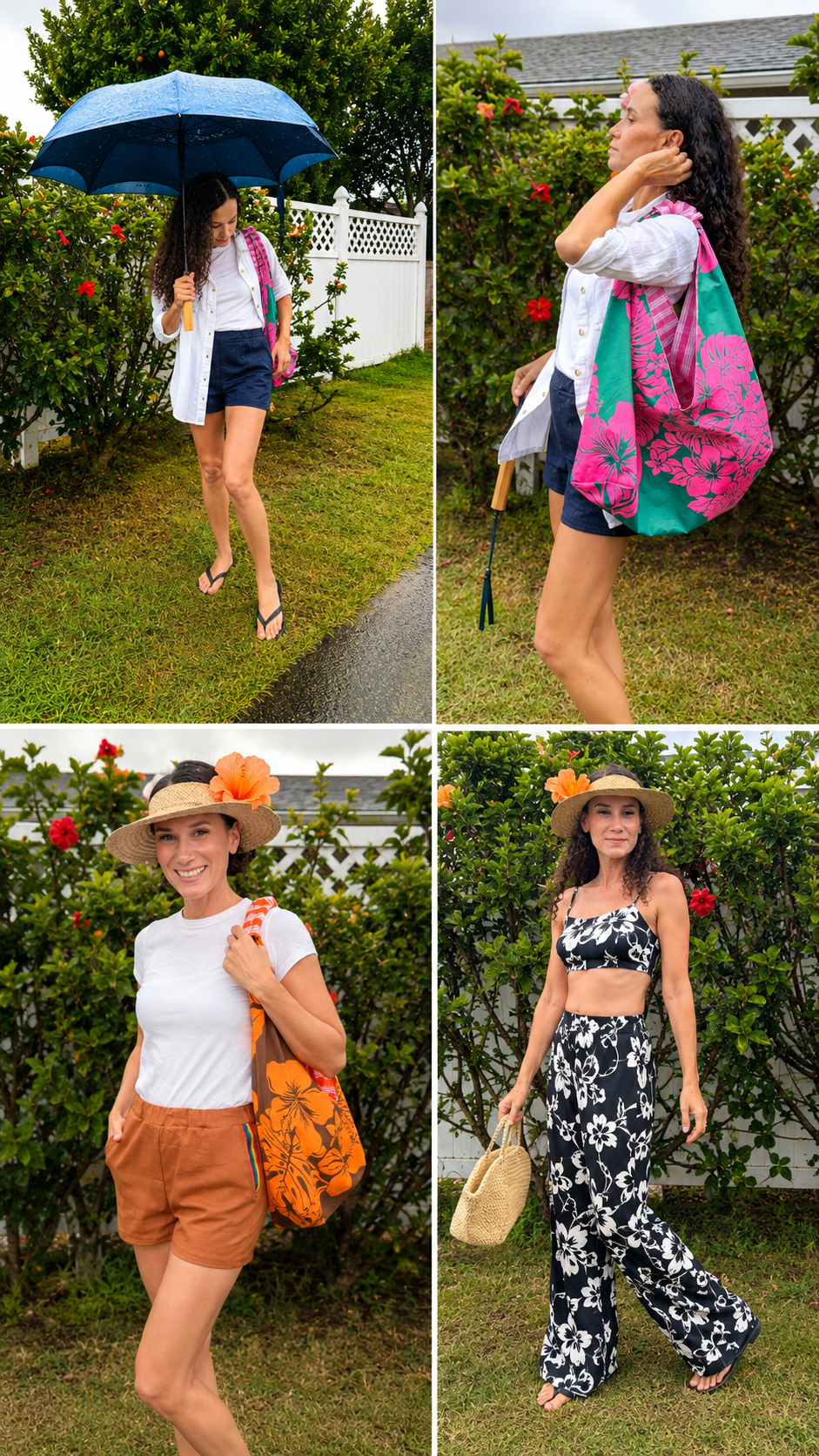 A collage of four women in tropical and summery outfits outdoors, with lush green bushes and blooming flowers in the background. One woman is holding an umbrella and wearing flip-flops, another has a colorful bag and sunglasses, the third is in a white t-shirt and orange shorts with a straw hat, and the last woman is in a black and white floral print outfit with a straw hat and a woven bag.