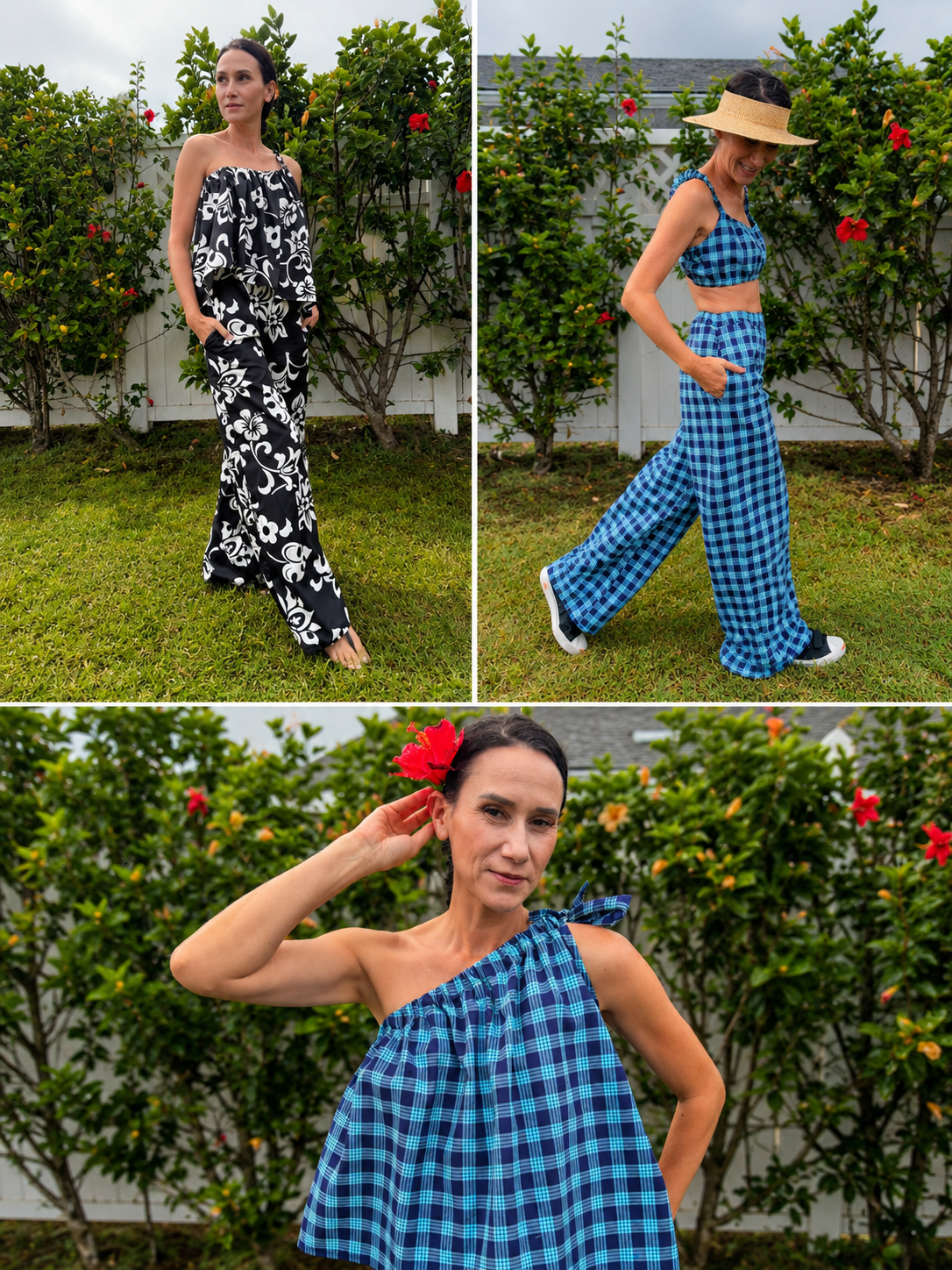 Three women posing outdoors in front of a hedge with hibiscus flowers, wearing blue and black patterned outfits, with one woman wearing a straw hat and another with a red flower in her hair.