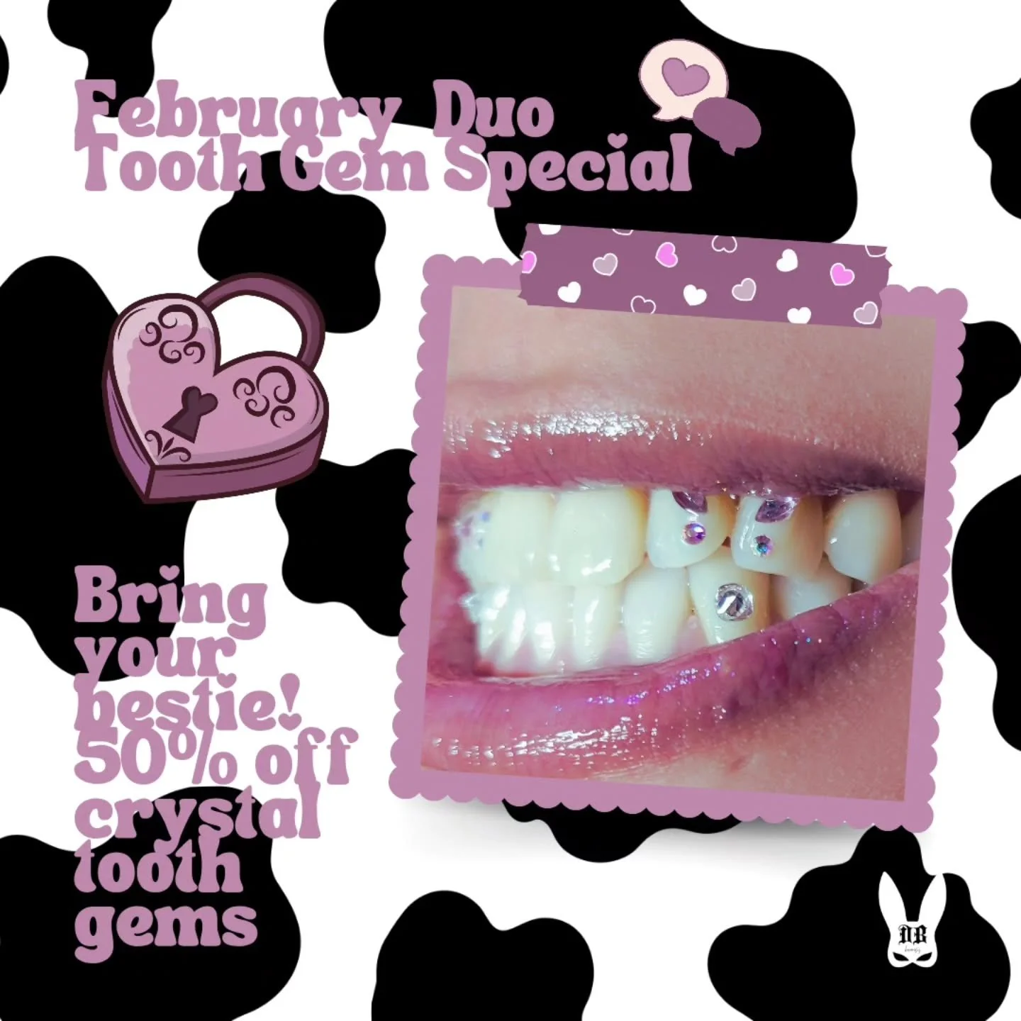 Have you been thinking about getting a tooth gem?? Bring in your bestie, and you both get 50% off crystal tooth gems this month! 😁
Head over to my booking site and book the duo tooth gem special! 

🦷 Tooth gems are safely adhered using dental grade