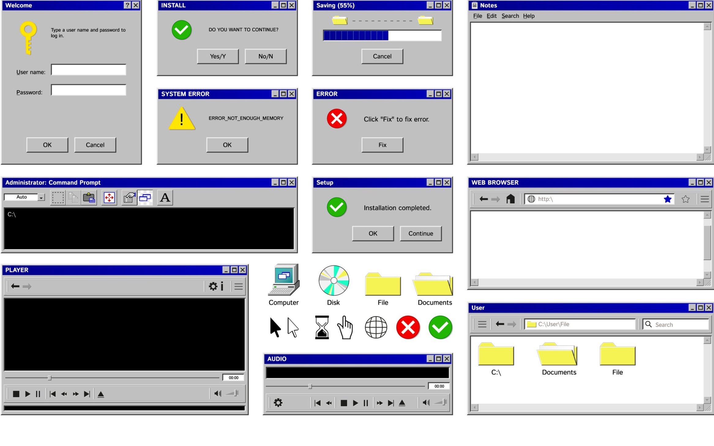 Early version of the windows display screen. Small boxes with labels reading "Welcome", "Install", "System Error" fill the screen.