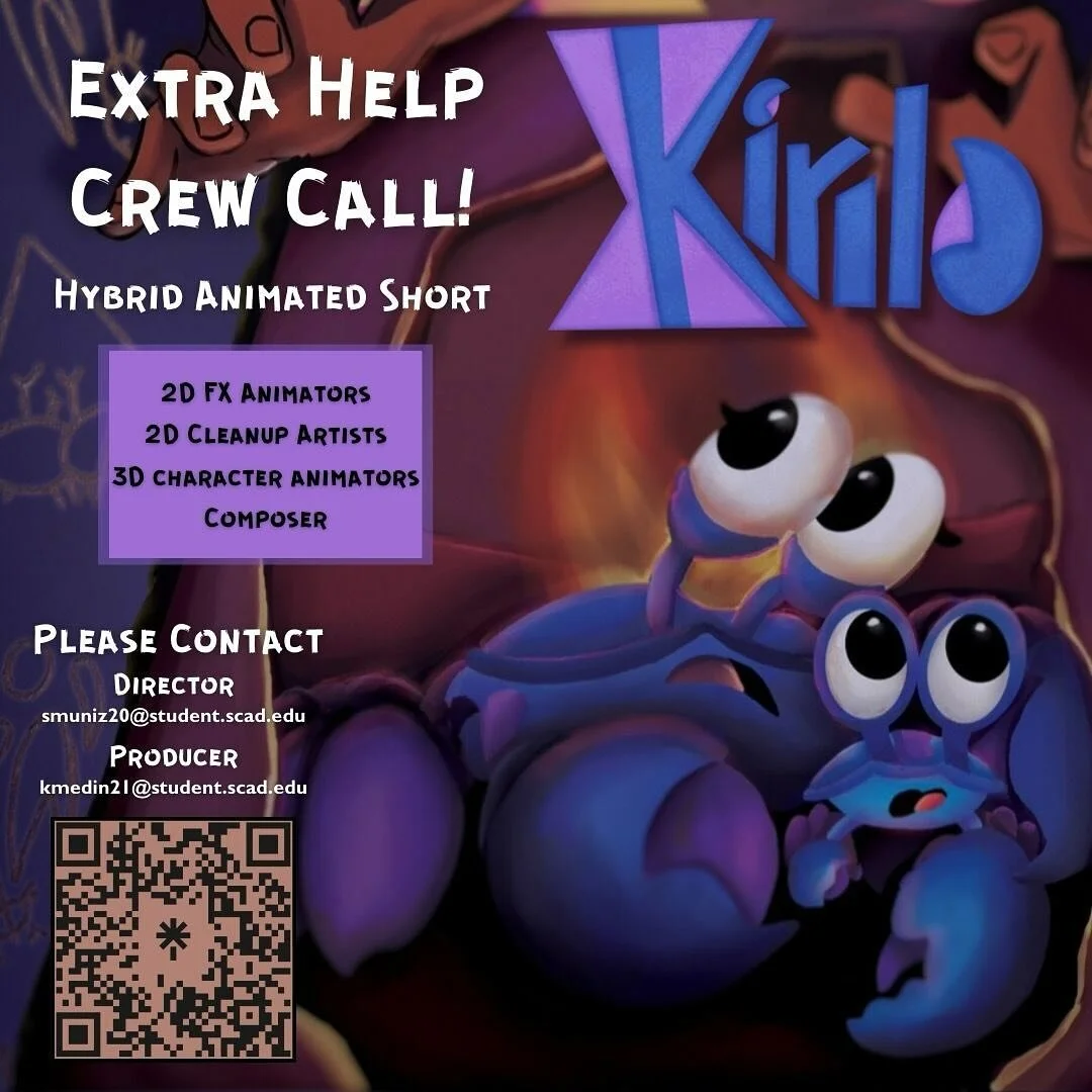 Kirilo is looking for extra help crew to assist during spring quarter! If you are a 2D FX Animator, 2D Clean-Up Artists, 3D Character Animator,  and a Composer we would love to have you on the team! 💙🦀🇵🇷

If you&rsquo;re interested, please fill o