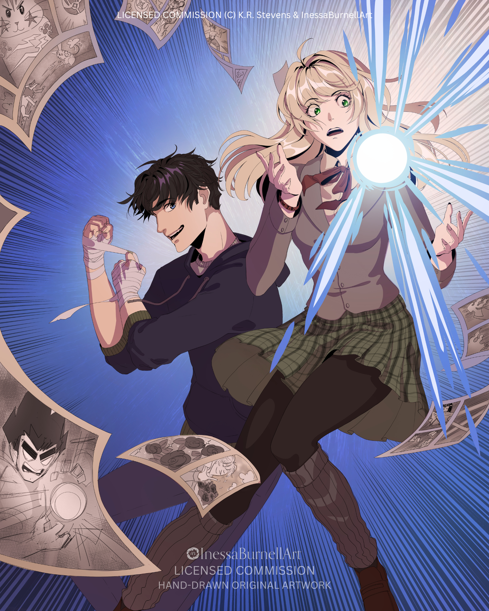 Anime-style illustration of a young woman with long blonde hair and green eyes launching a bright energy blast, with a young man with dark hair smiling confidently, surrounded by comic book pages and dynamic lines.