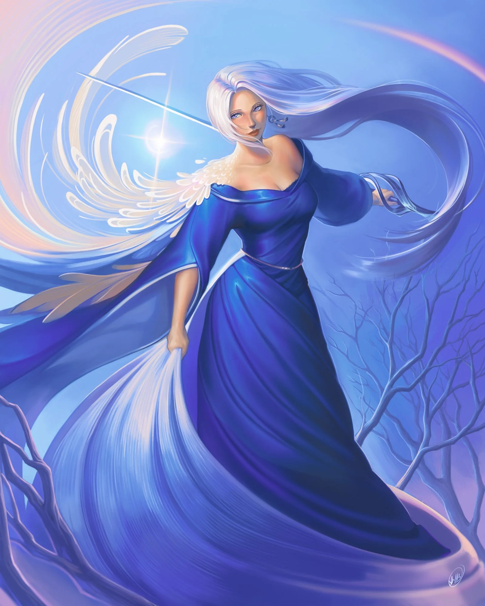 Digital artwork of a mystical woman with silver hair and glowing eyes, dressed in a flowing blue gown, surrounded by swirling energy and leafless branches against a blue sky.