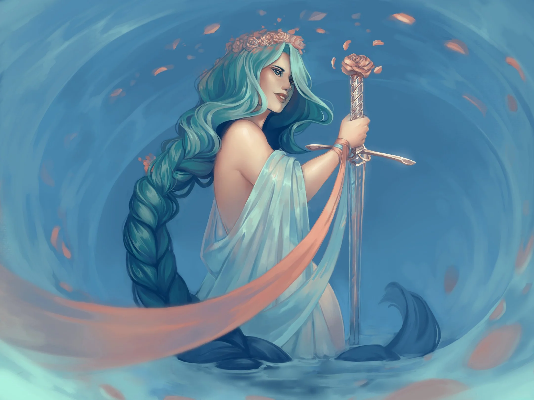 Digital artwork of a woman with long, wavy blue hair wearing a flower crown. She is holding a sword and is surrounded by swirling blue and pink hues.