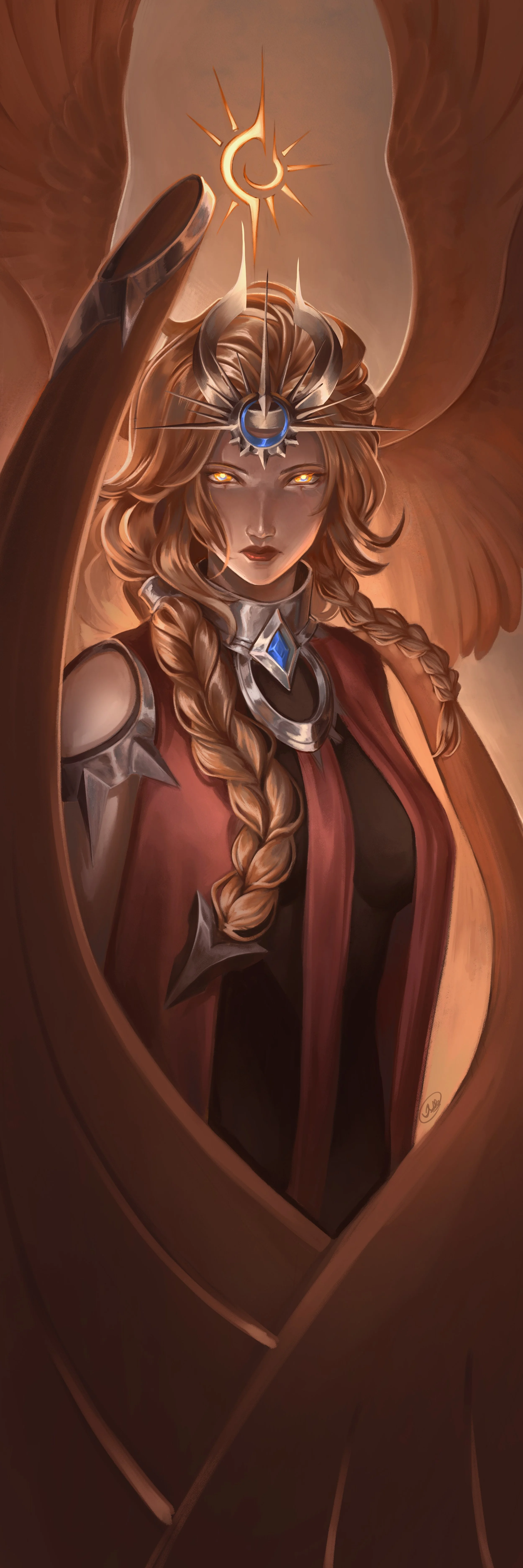 A fantasy-style digital painting of a woman with golden eyes and braided hair, wearing armor and a cloak. She is touching a glowing magical symbol above her head, which emits light and has a crescent moon shape with radiating lines.