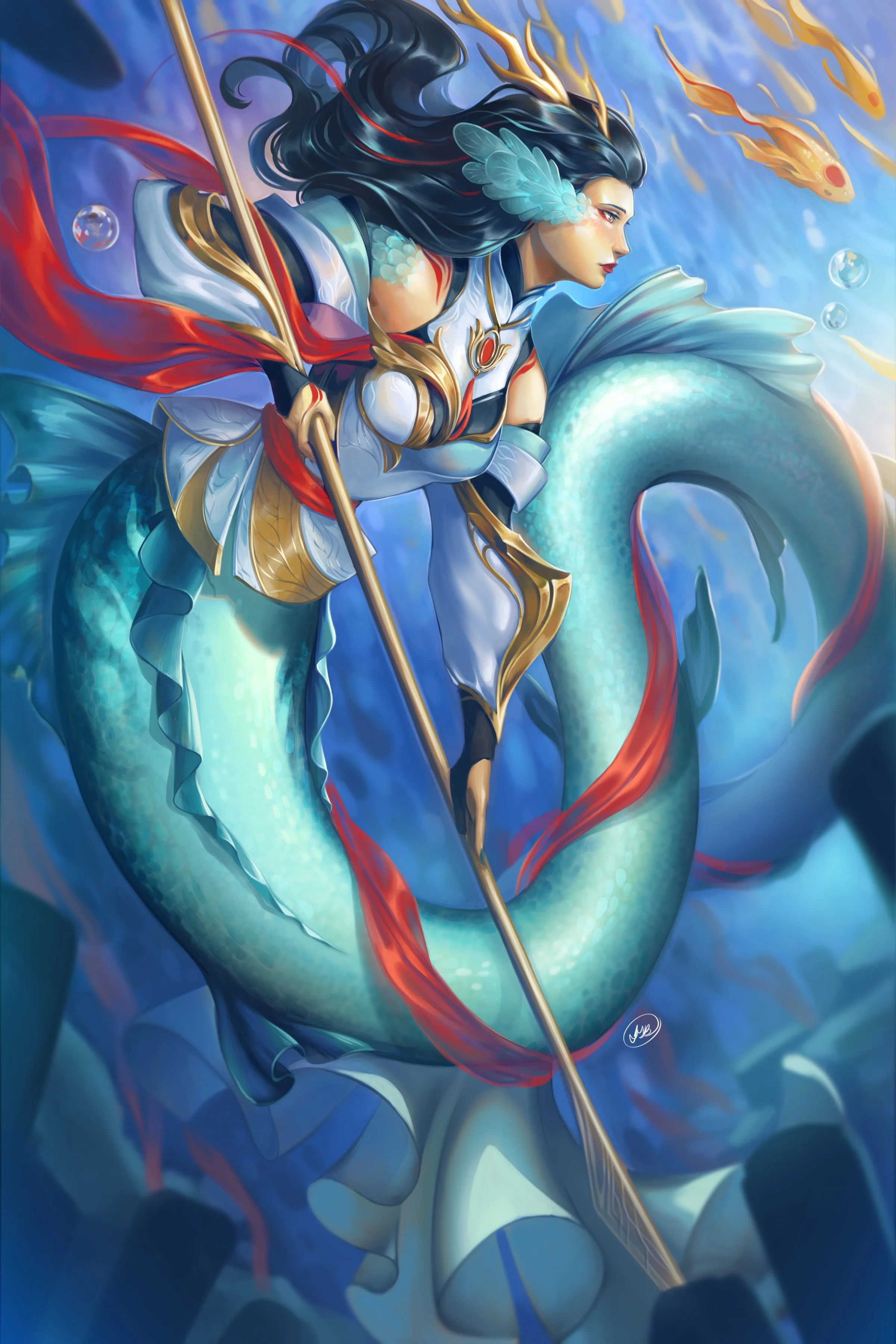 Digital artwork of a female mermaid with long flowing black hair, wearing ornate armor with gold and red accents, holding a spear, surrounded by orange fish, in an underwater scene.