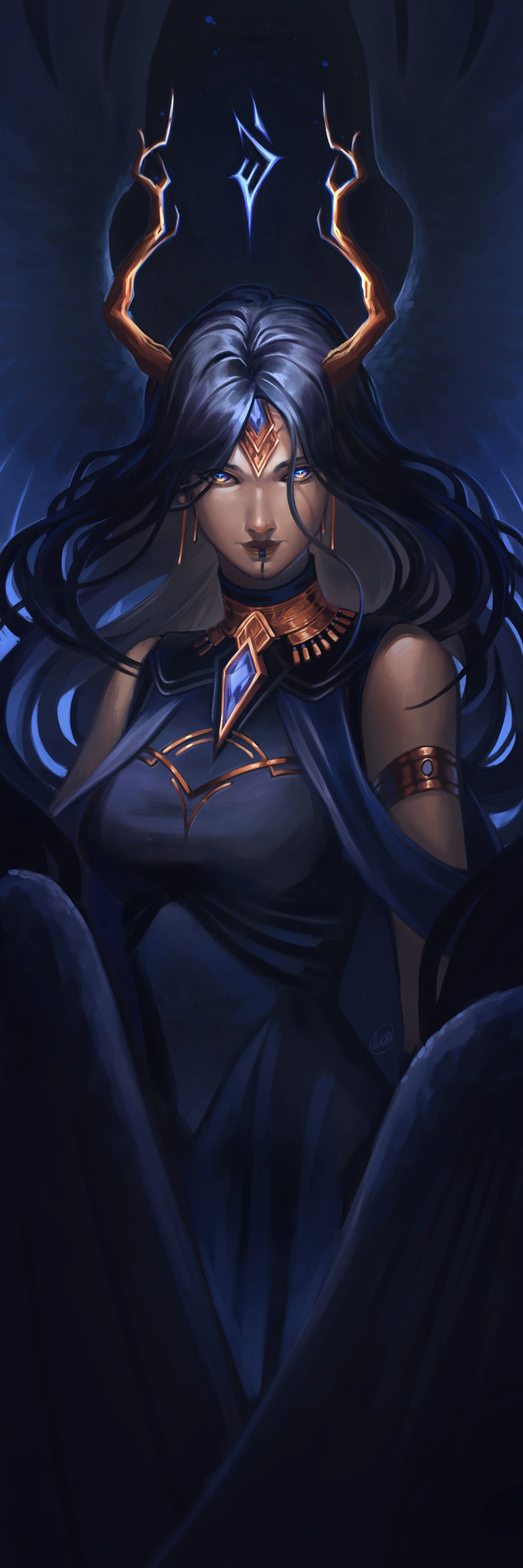 Digital artwork of a female character with dark hair, blue eyes, and horns, wearing dark armor with gold accents, sitting in a dark environment with a mystical symbol above her head.