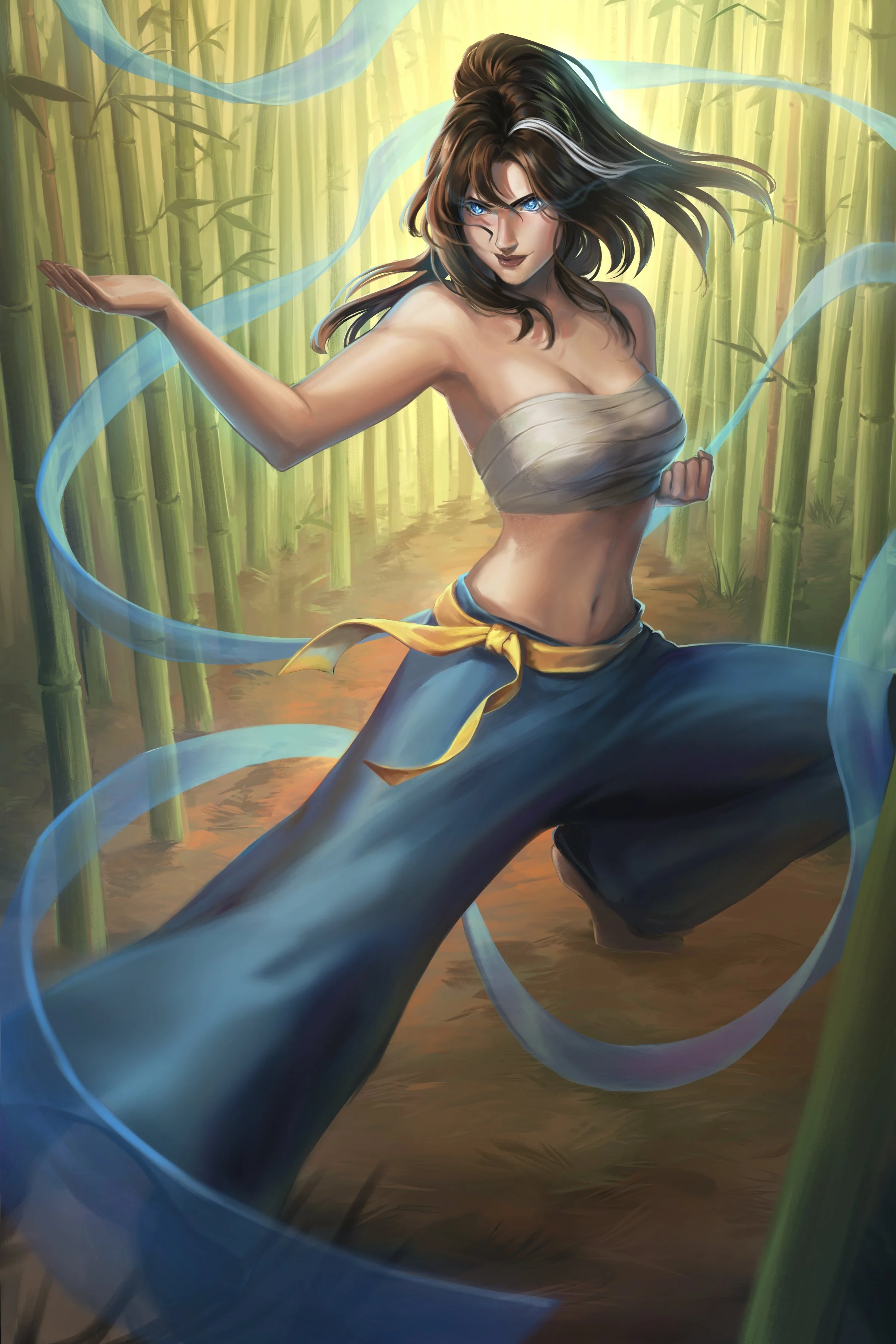 Fantasy illustration of a woman with black hair and blue eyes in a bamboo forest, wearing a grey top and black pants, surrounded by swirling blue energy.