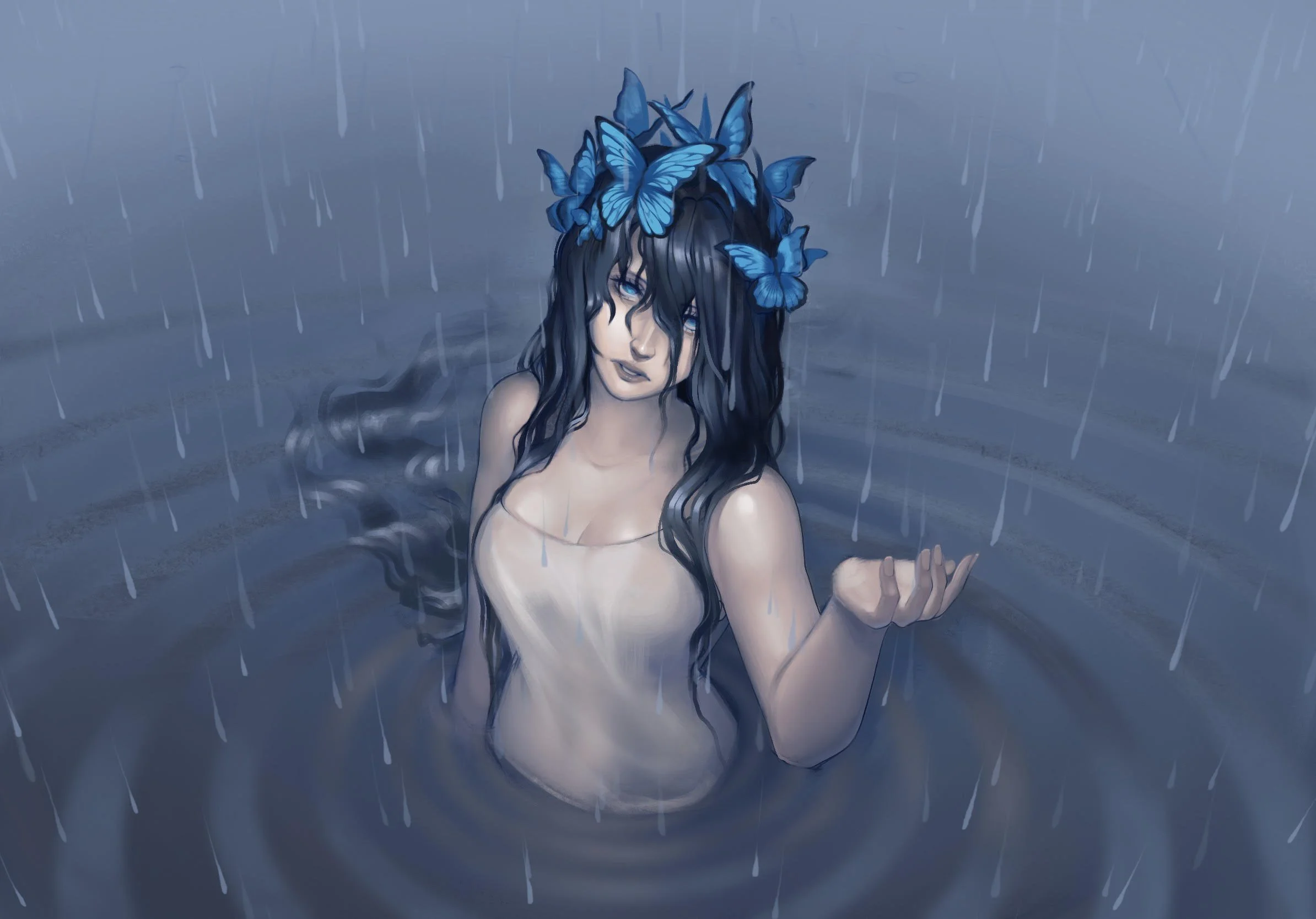 A digital painting of a woman with long black hair and blue eyes, emerging from water during a rainstorm, wearing a white top. She has a crown of blue butterflies on her head.