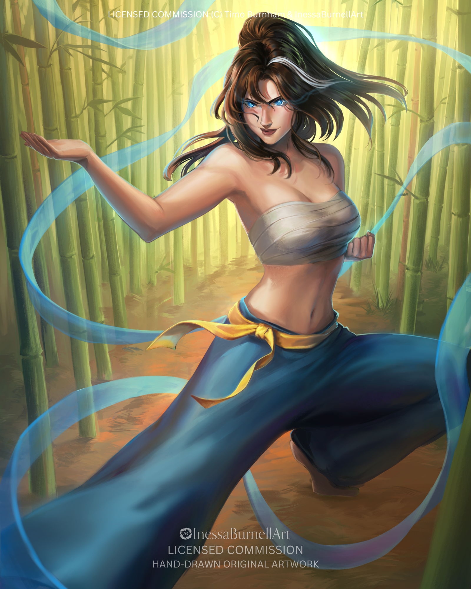 A digital painting of a woman with blue eyes and long dark hair, standing in a bamboo forest. She is wearing a beige top and dark pants with a yellow sash tied around her waist. She is in a martial arts stance with flowing blue ribbons swirling around her hands.