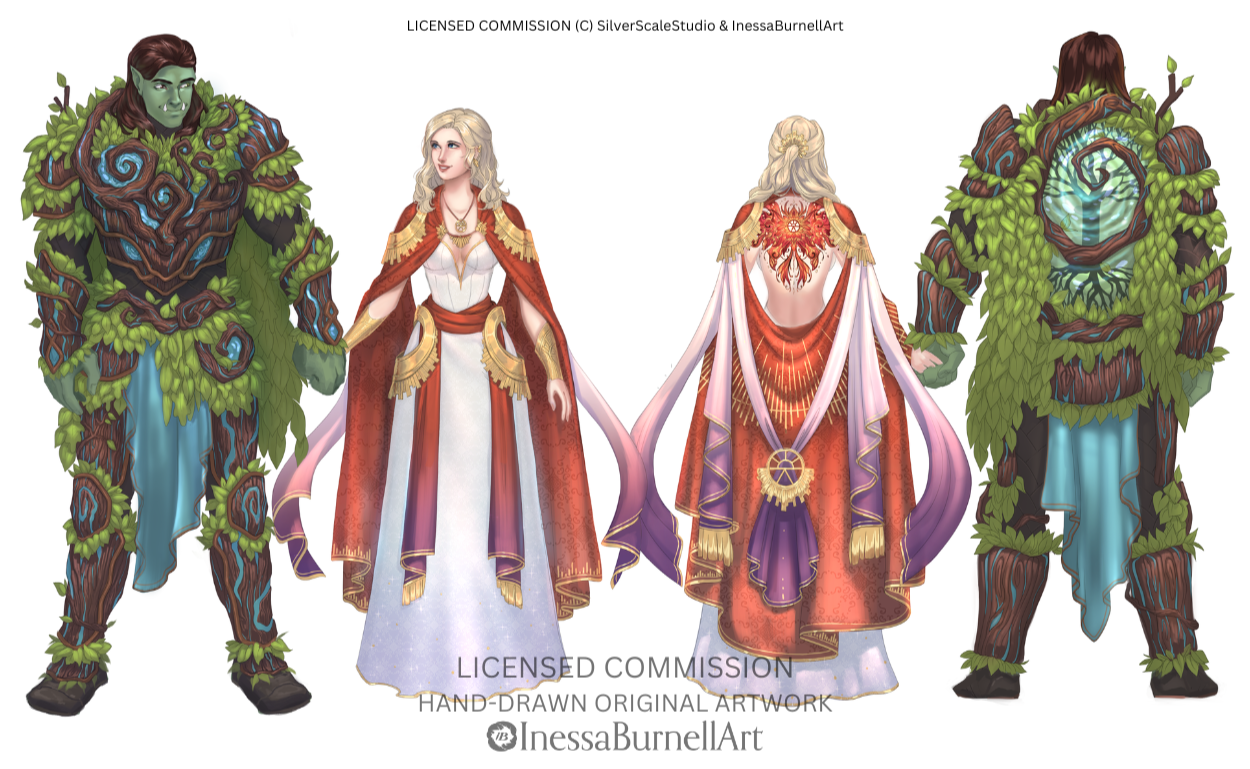 Four fantasy characters dressed in elaborate costumes: two large tree-like beings on the sides with leafy armor and glowing blue core in their chests, and two elegant women in regal robes with intricate designs and flowing hair, viewed from the front and back.