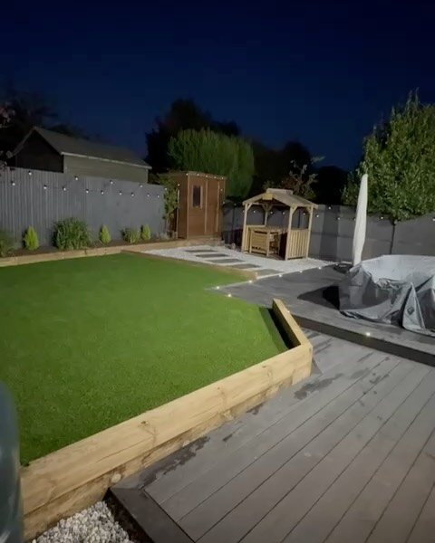 Garden transformation👀 we turned this unusable garden space into an amazing space, installing a 2 level composite decking, sleeper perimeter and removing an existing wall separating the grass. 

@kmrelectricalservices with the exterior double mounte