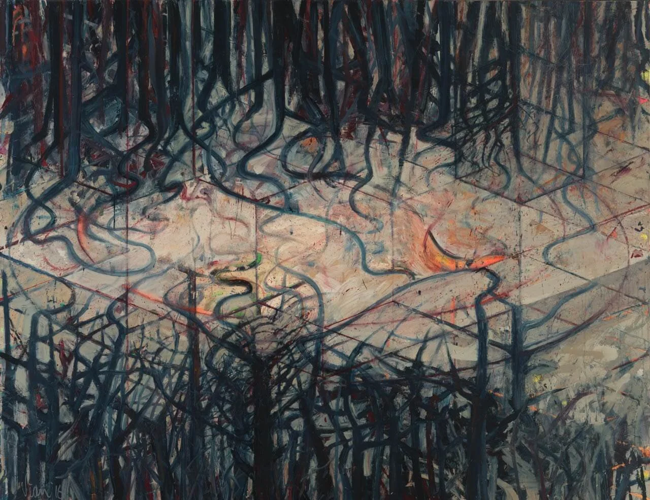 Trees and Sky Reflected in Stream, 2016, oil on canvas, 60 x 78 inches