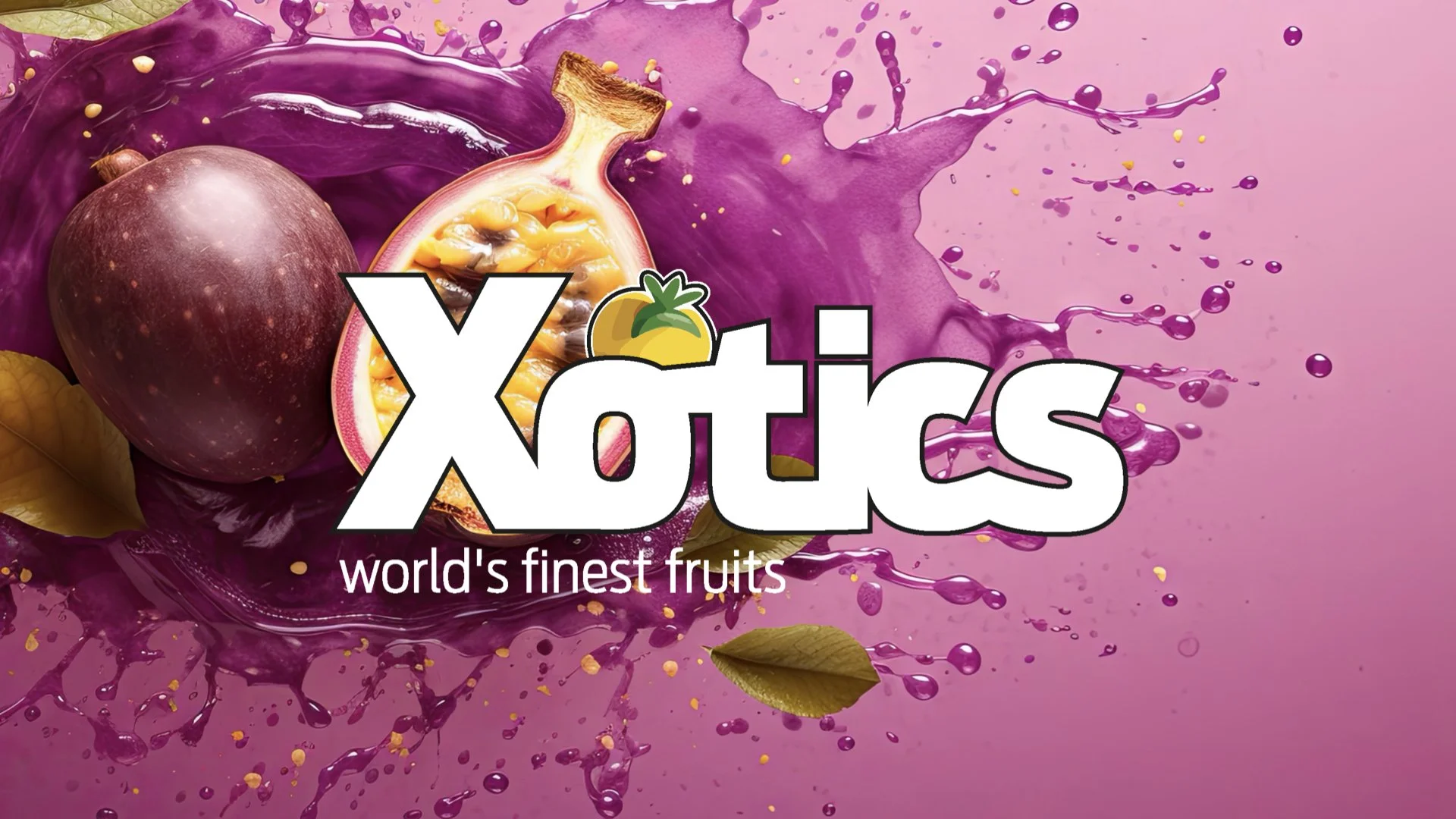 A purple passion fruit and a whole passion fruit with a cut open to show the inside, with splashes of purple juice and yellow seeds in the background, and the text 'Xotrs' and 'world's finest fruits' over the image.
