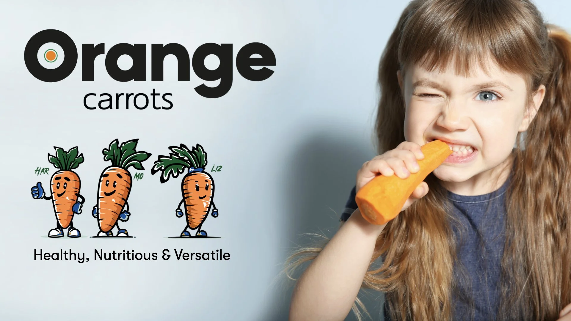 A young girl with red hair and blue eyes eating a large orange carrot. On the left side of the image, there is a graphic of three cartoon carrots labeled Har, Mo, and Liz, with the text 'Orange carrots' and 'Healthy, Nutritious & Versatile' underneath.