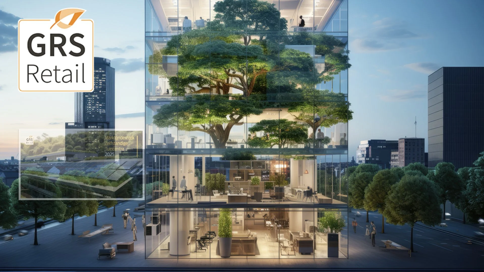 A modern multistory office building with glass walls, showcasing actual trees and greenery inside on each level. Surrounding the building are trees, benches, and cityscape buildings, with a partly cloudy sky.