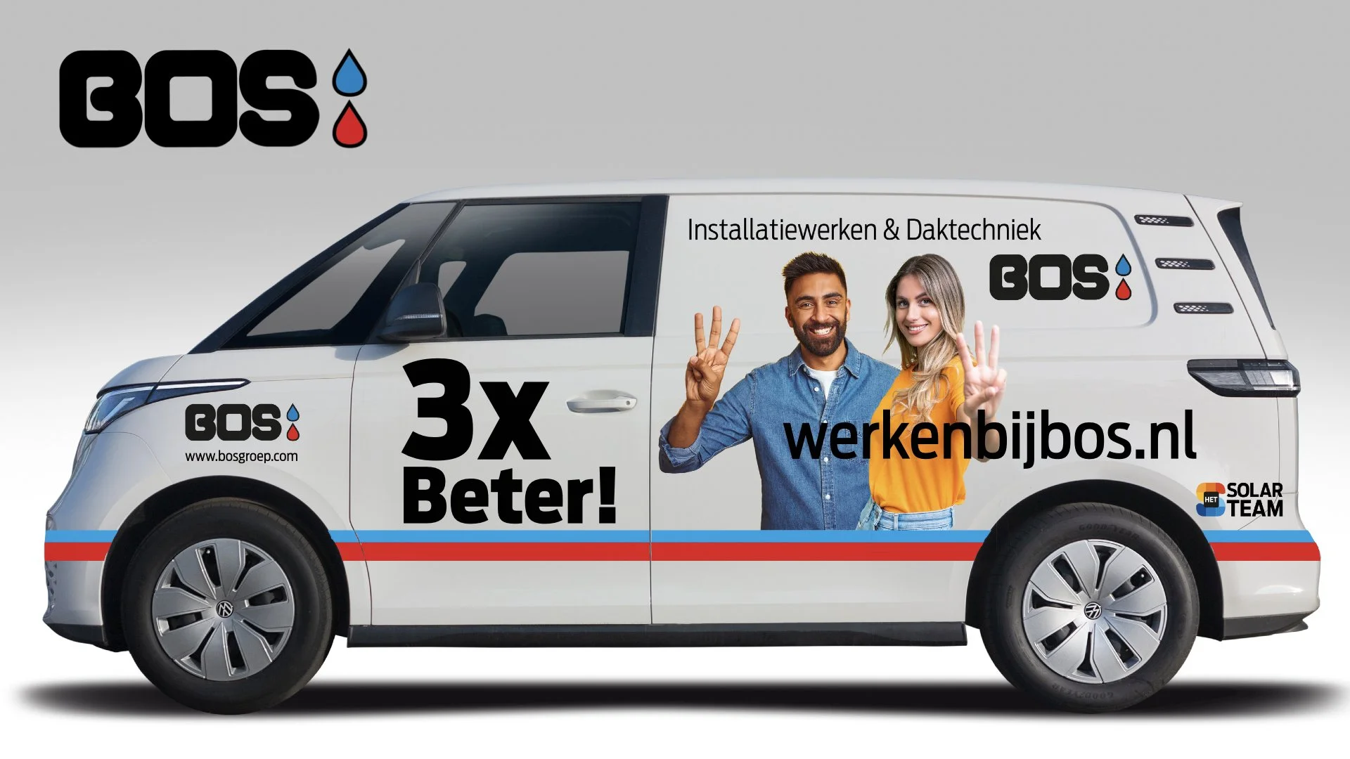A promotional van advertising BOS, a company specializing in installation work and roof technology. The van shows two smiling people holding up three fingers, with text promoting a three-times better service at werkenbijbos.nl. The van features a logo with black text and blue and red drops, and a website address bosgroep.com.