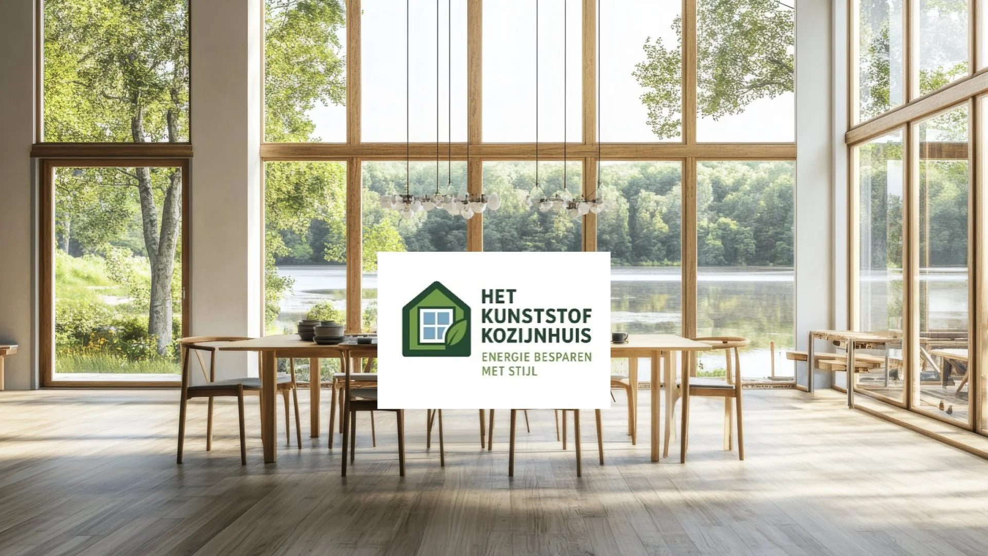 Interior of a modern house with large floor-to-ceiling windows showing a lake and trees outside. A dining table with chairs is in the center, and a logo of a green house with a blue window and leaf is superimposed, with Dutch text about energy-saving and style.