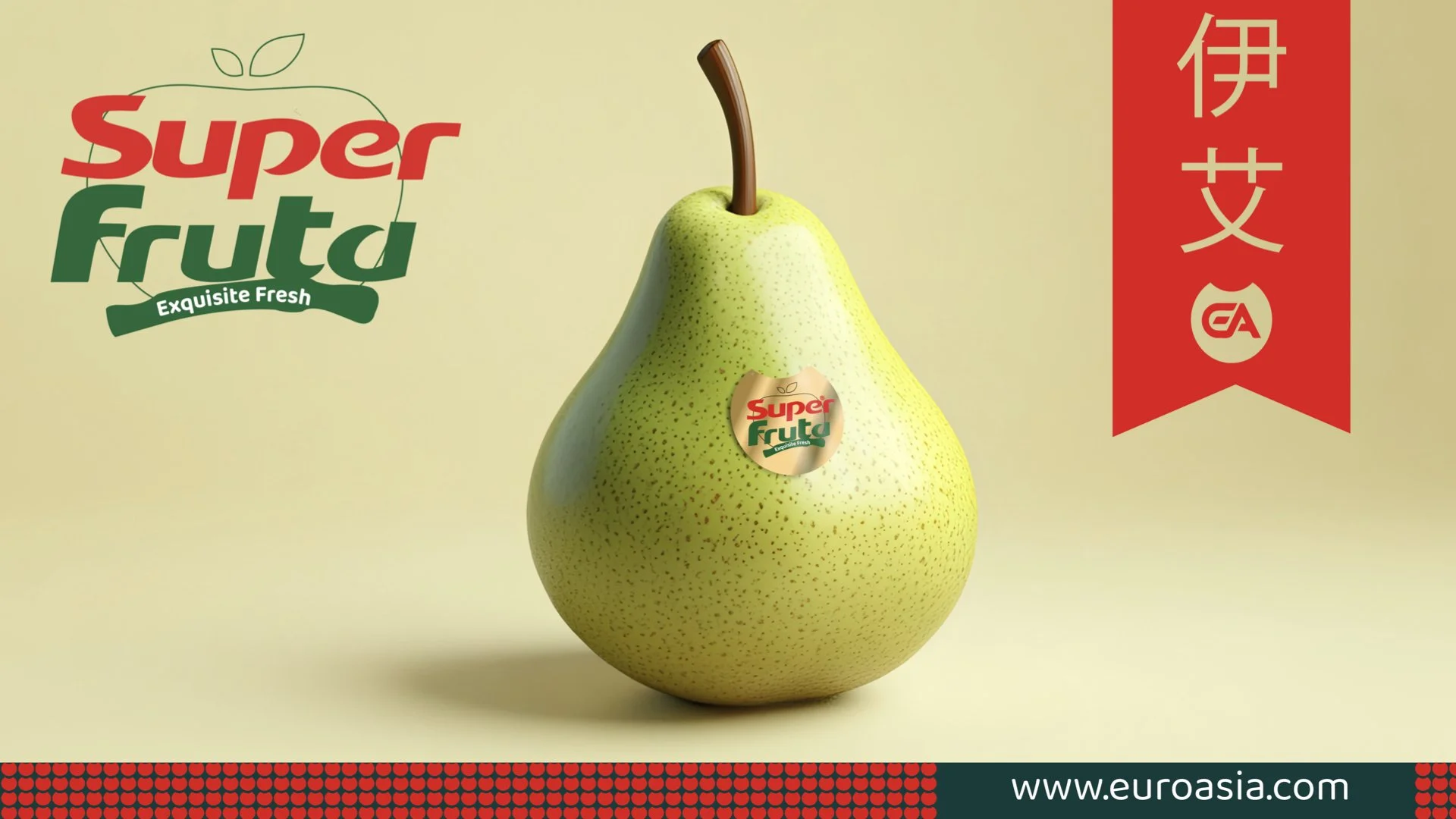 A green pear with a Super Fruta logo sticker on it, standing against a light yellow background, with a red banner and red accents in the design.