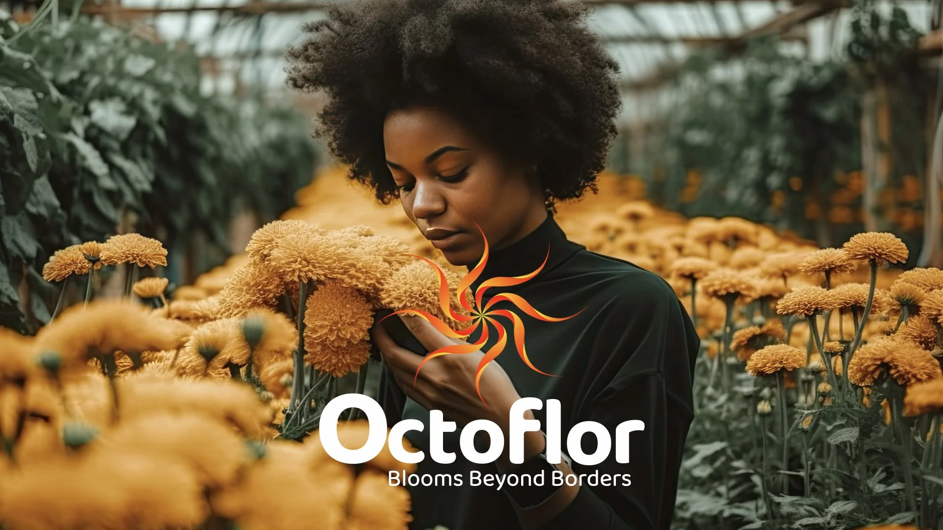 A woman in a black top holding and smelling bright orange chrysanthemums in a greenhouse filled with rows of orange flowers. There is a colorful swirl logo and the text 'Octoflor Blooms Beyond Borders' at the bottom.