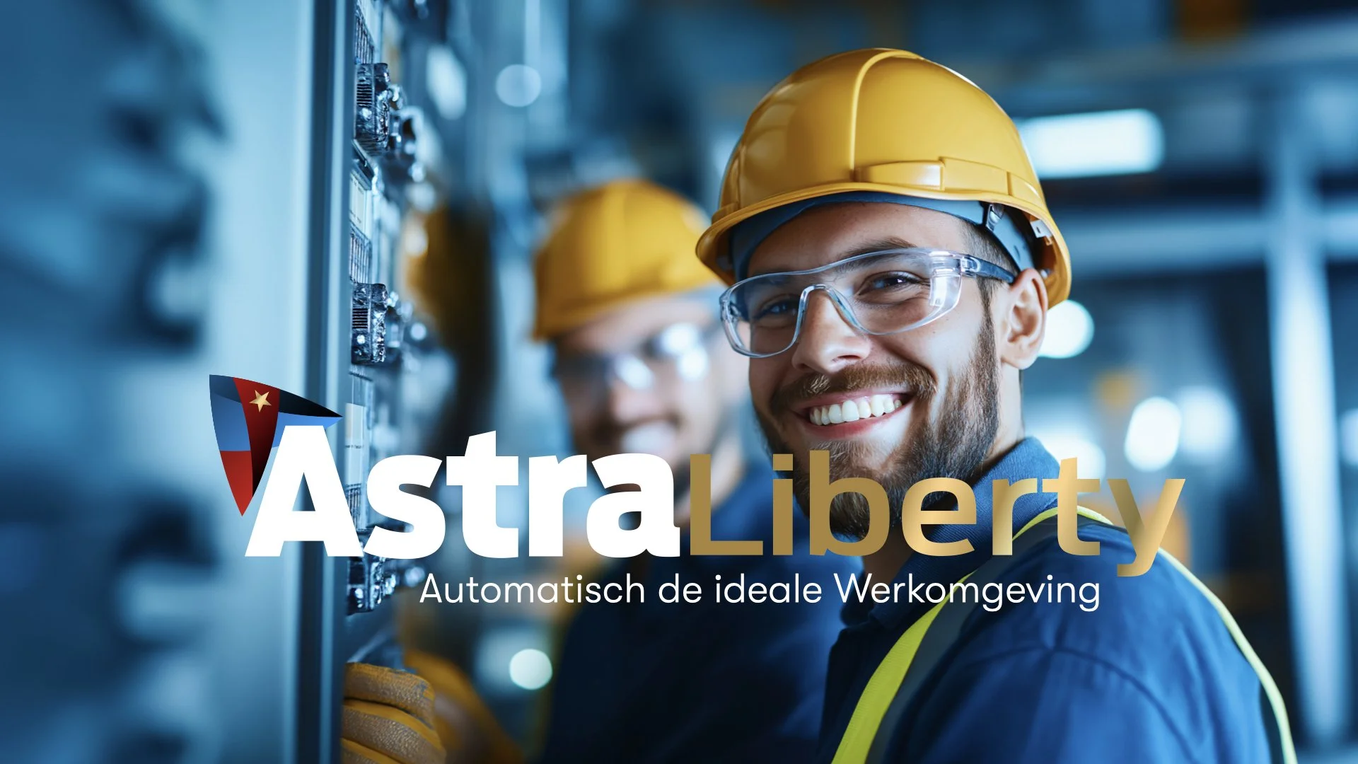 Two smiling workers in safety helmets and glasses working in an industrial setting with control panels, with the text 'Astral Liberty' and 'Automatisch de ideale Werkomgeving' overlaid.