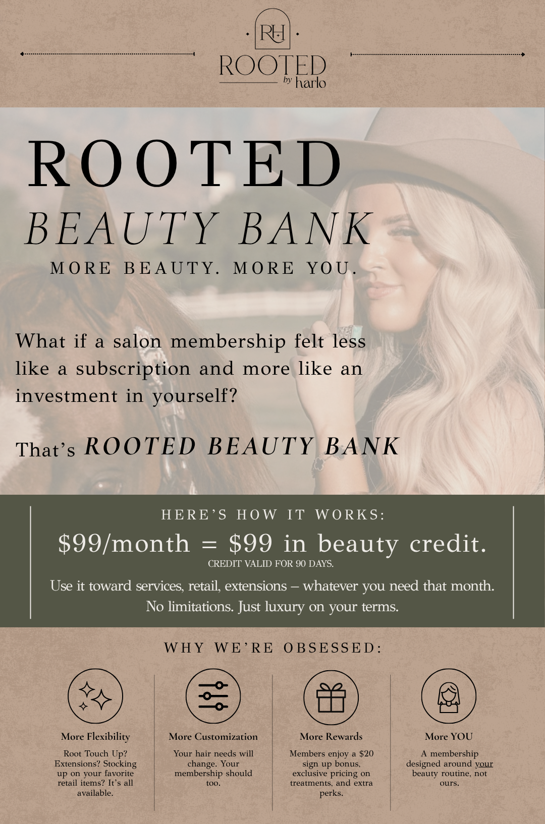 Rooted Beauty Bank monthly salon membership with monthly credit toward hair services and products