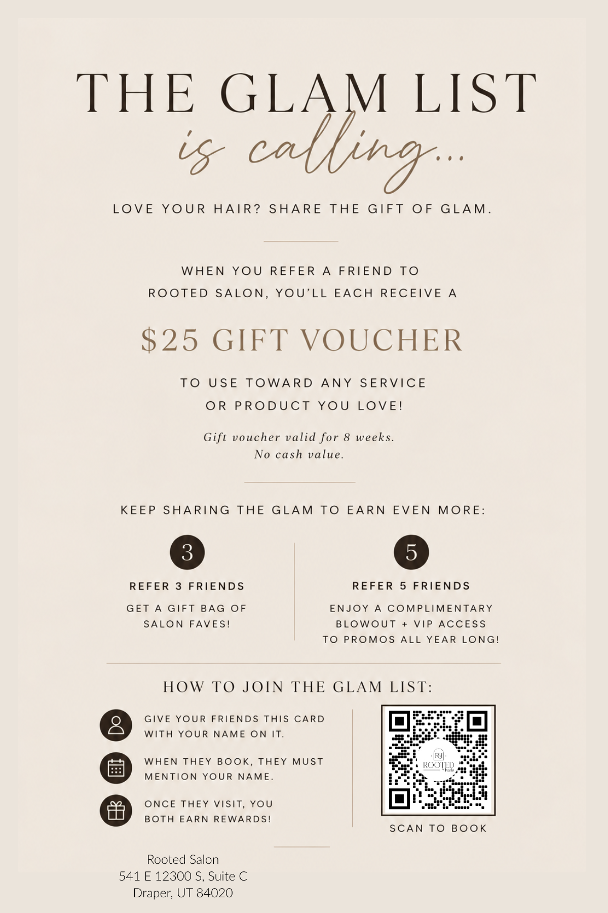 The Glam List salon referral program: refer a friend and you both receive a $25 Rooted gift card